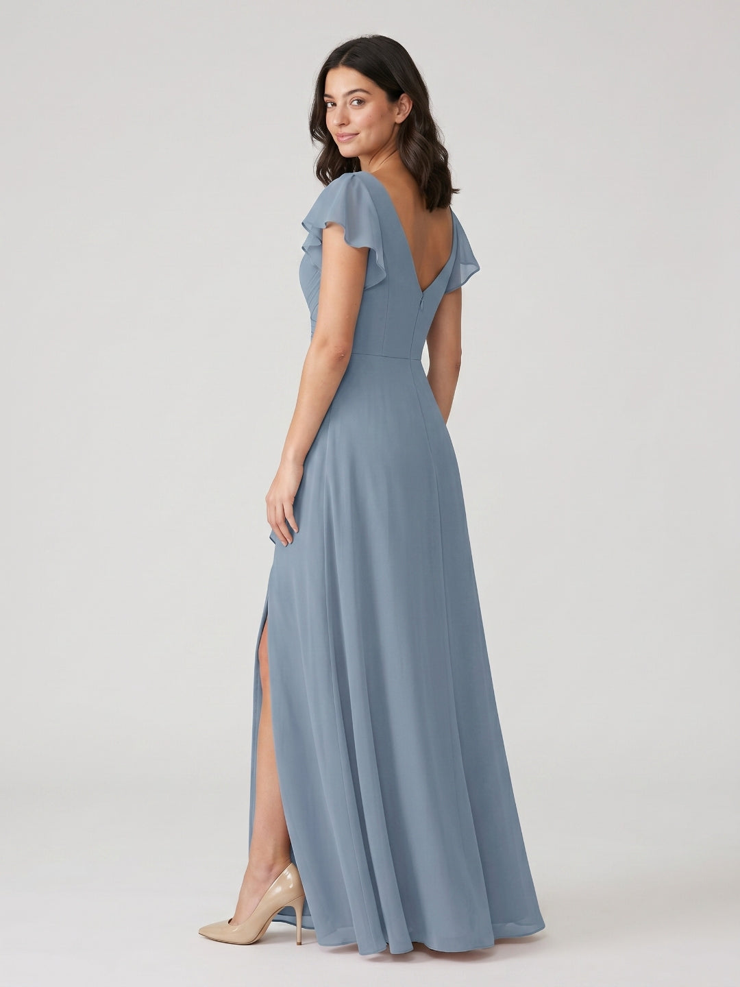 Dusty Blue Chiffon A-Line V-Neck V-Back Floor-Length Bridesmaid Dress with Pleating