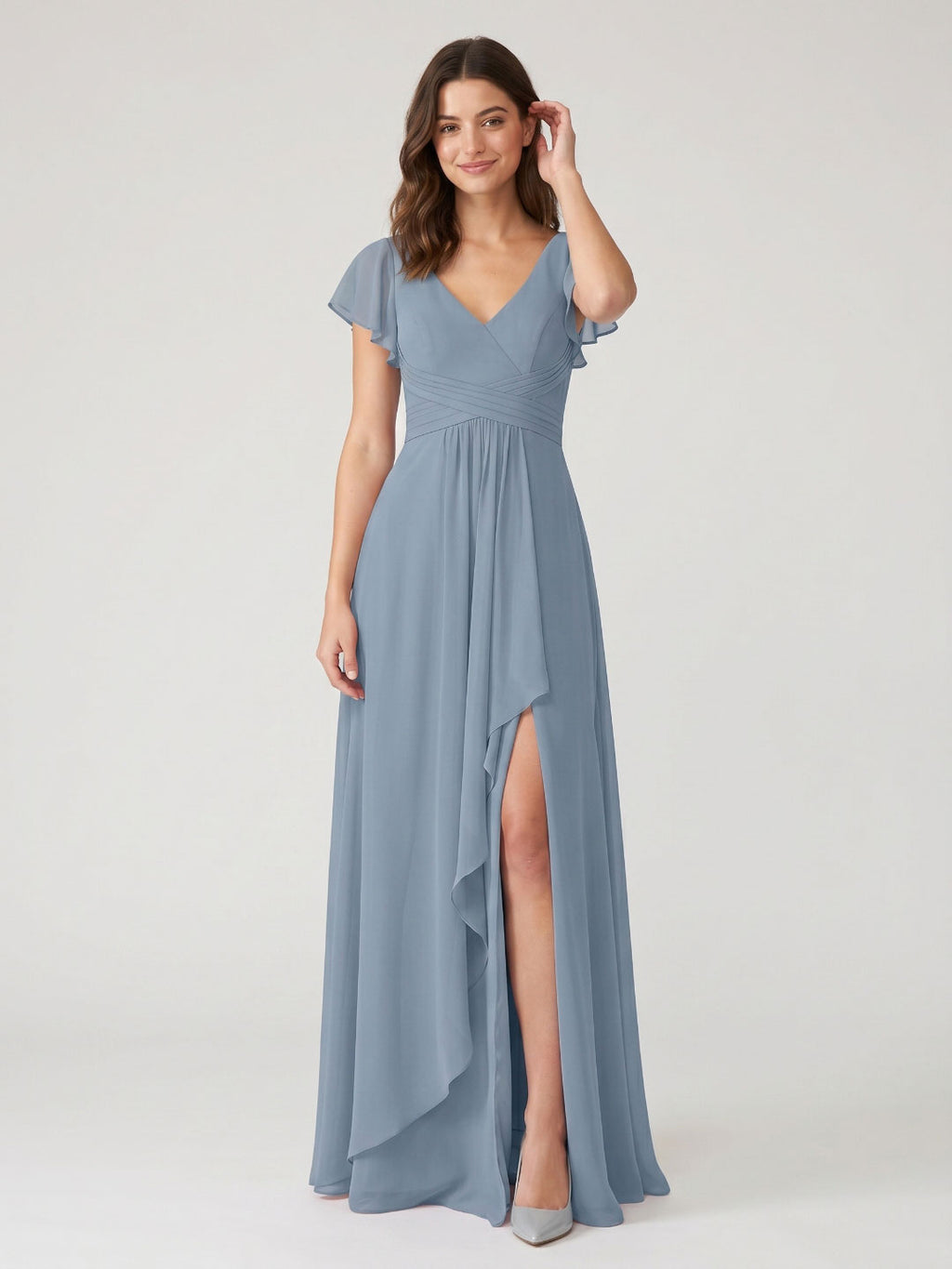 Dusty Blue Chiffon A-Line V-Neck V-Back Floor-Length Bridesmaid Dress with Pleating