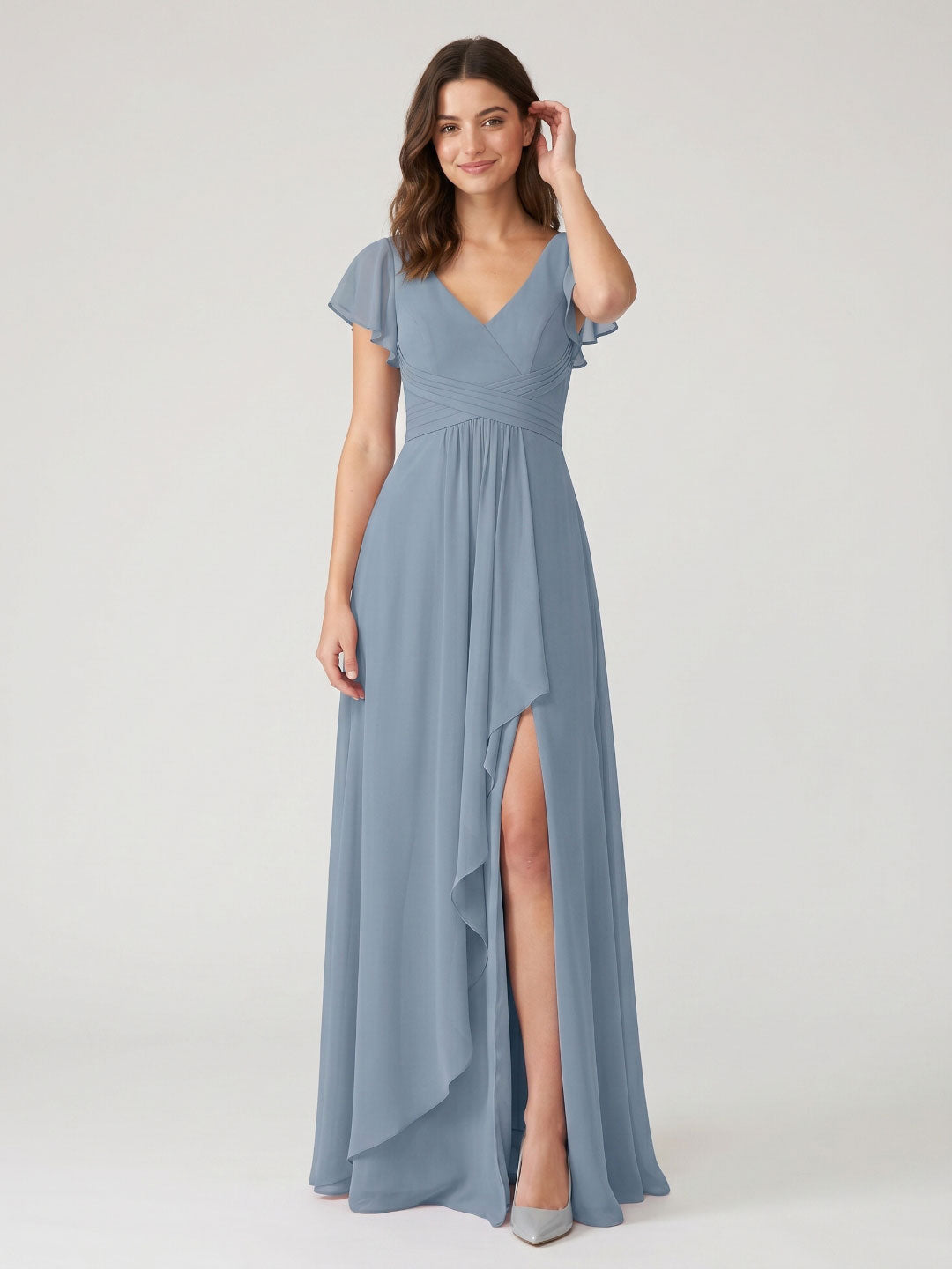 Dusty Blue Chiffon A-Line V-Neck V-Back Floor-Length Bridesmaid Dress with Pleating