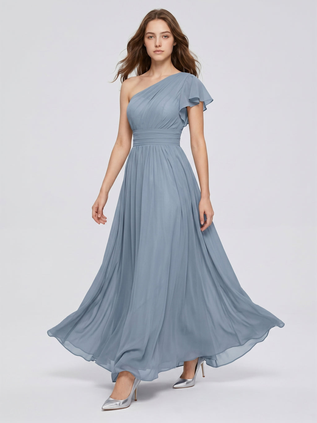 Dusty Blue Chiffon Empire One Shoulder Back Zip Floor-Length Bridesmaid Dress with Pleats