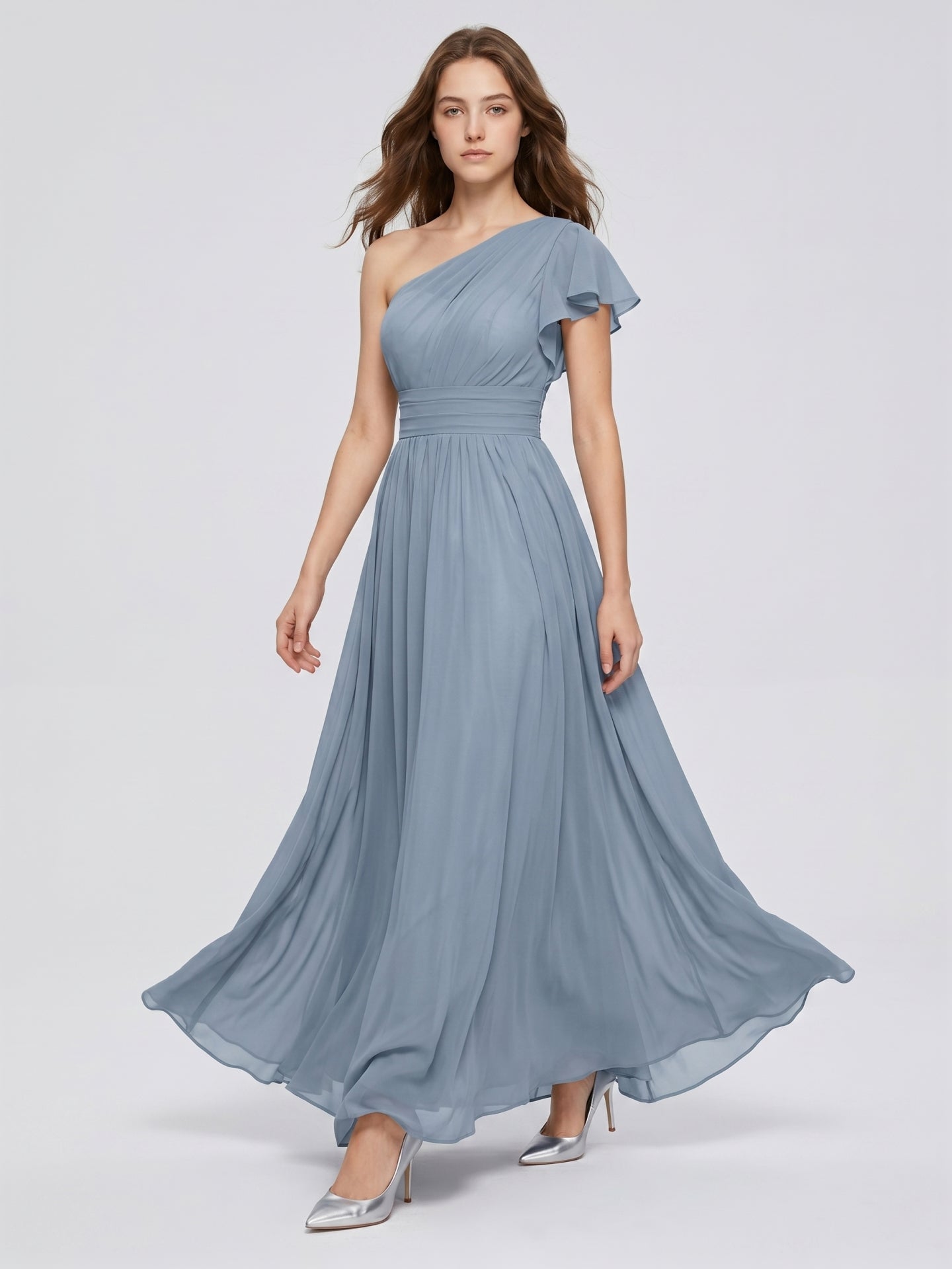 Dusty Blue Chiffon Empire One Shoulder Back Zip Floor-Length Bridesmaid Dress with Pleats