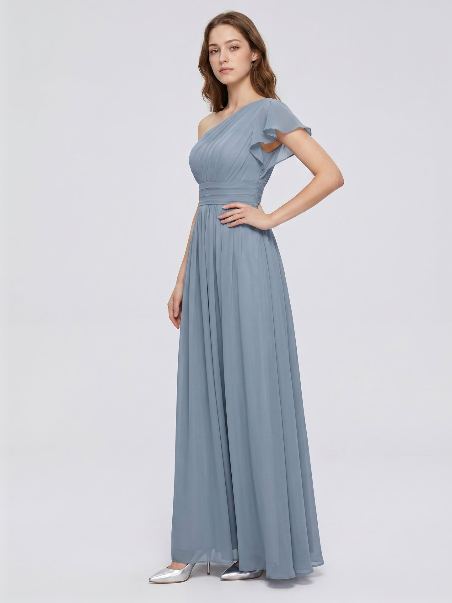 Dusty Blue Chiffon Empire One Shoulder Back Zip Floor-Length Bridesmaid Dress with Pleats