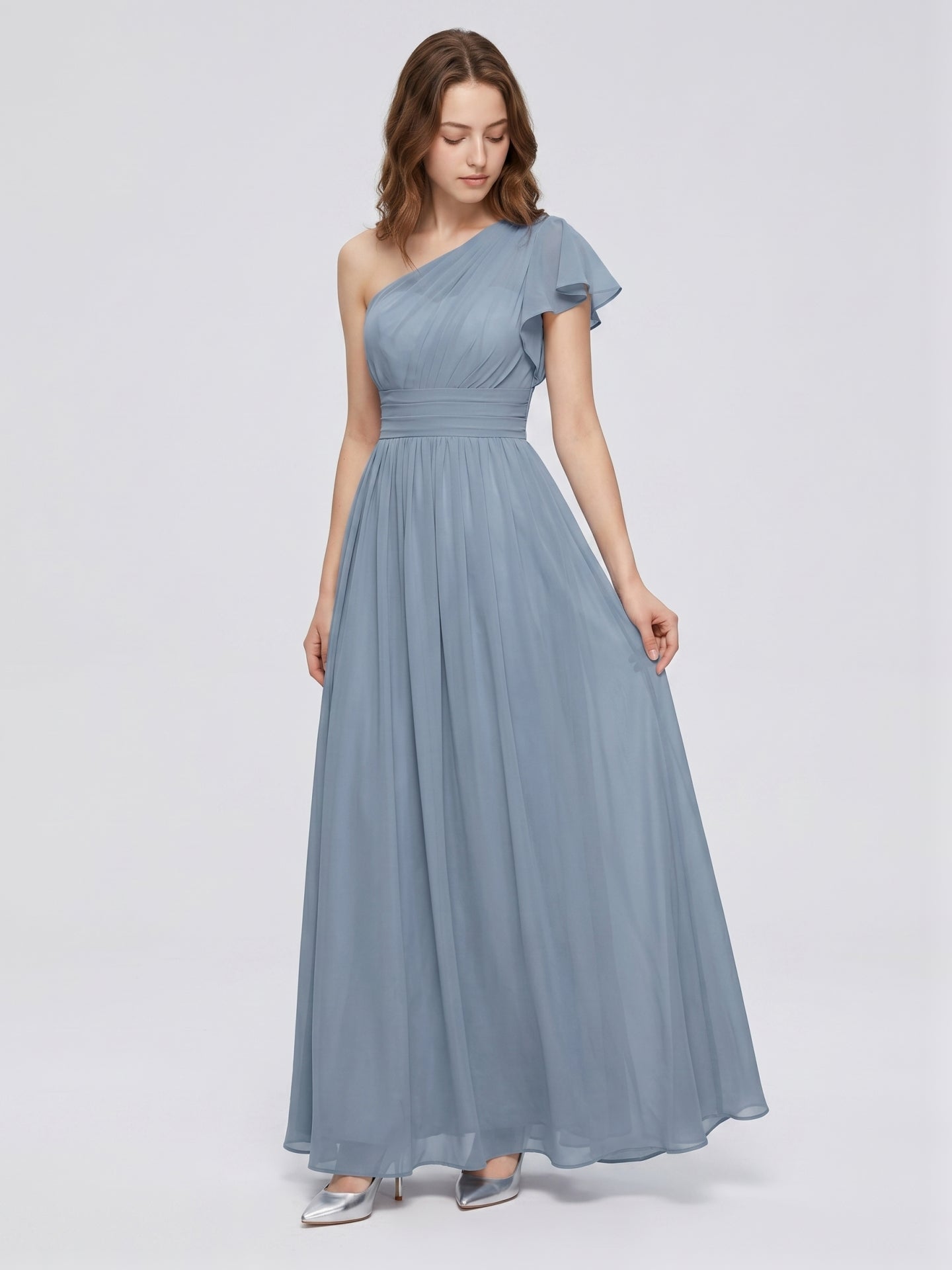 Dusty Blue Chiffon Empire One Shoulder Back Zip Floor-Length Bridesmaid Dress with Pleats