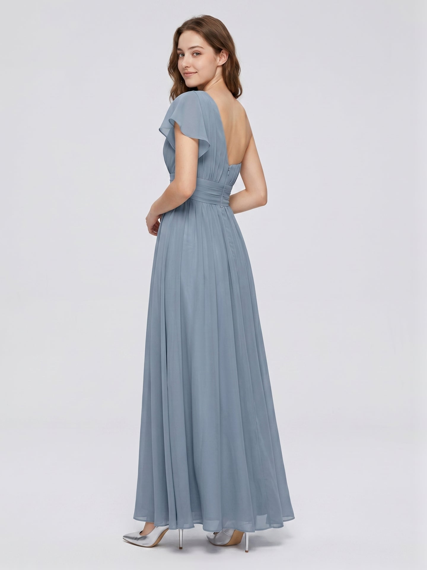 Dusty Blue Chiffon Empire One Shoulder Back Zip Floor-Length Bridesmaid Dress with Pleats