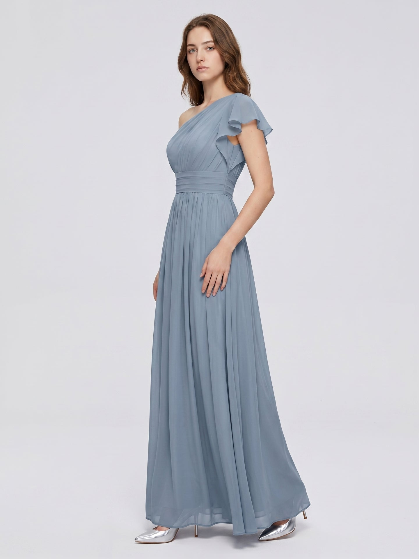 Dusty Blue Chiffon Empire One Shoulder Back Zip Floor-Length Bridesmaid Dress with Pleats