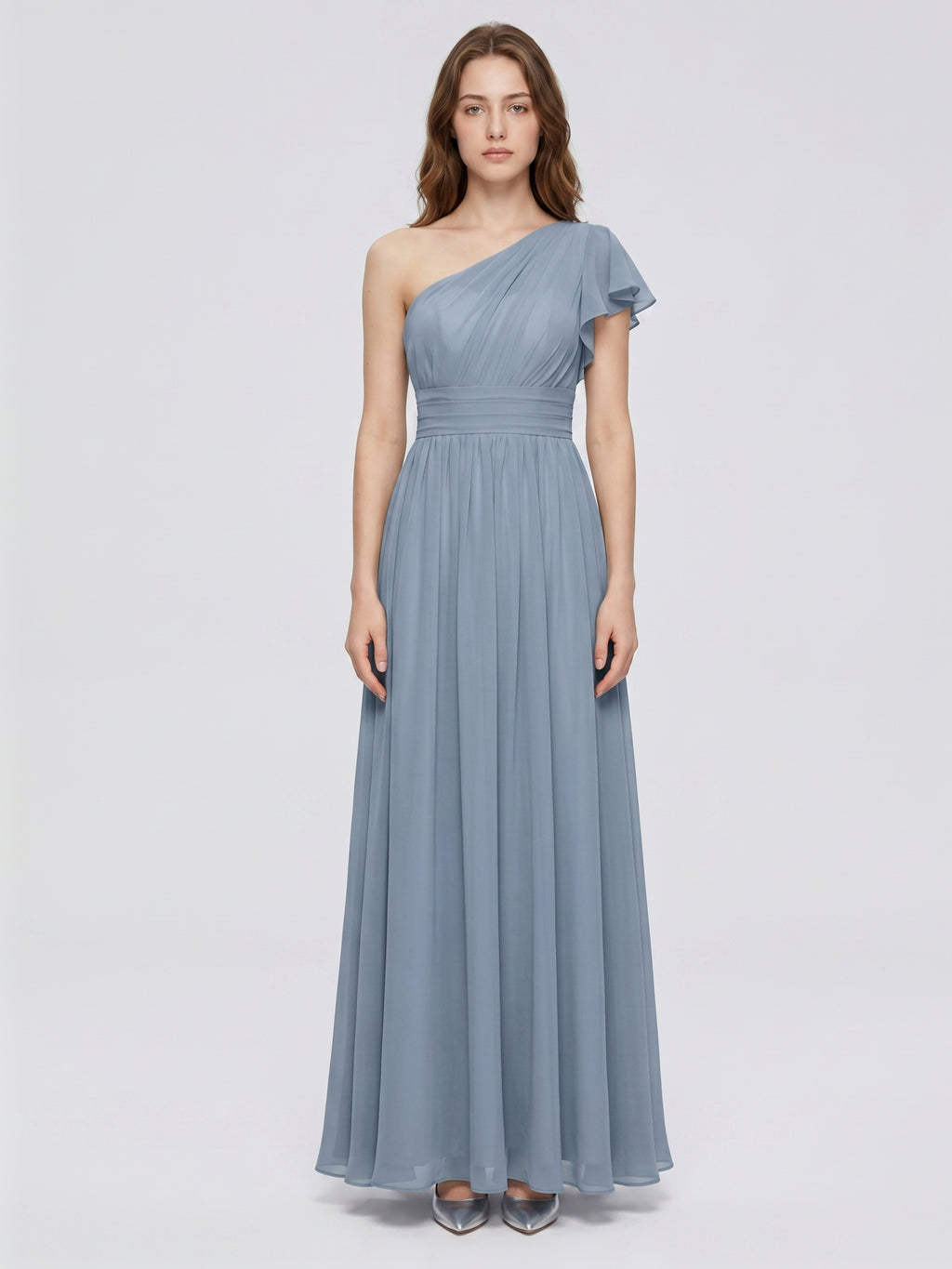 Dusty Blue Chiffon Empire One Shoulder Back Zip Floor-Length Bridesmaid Dress with Pleats