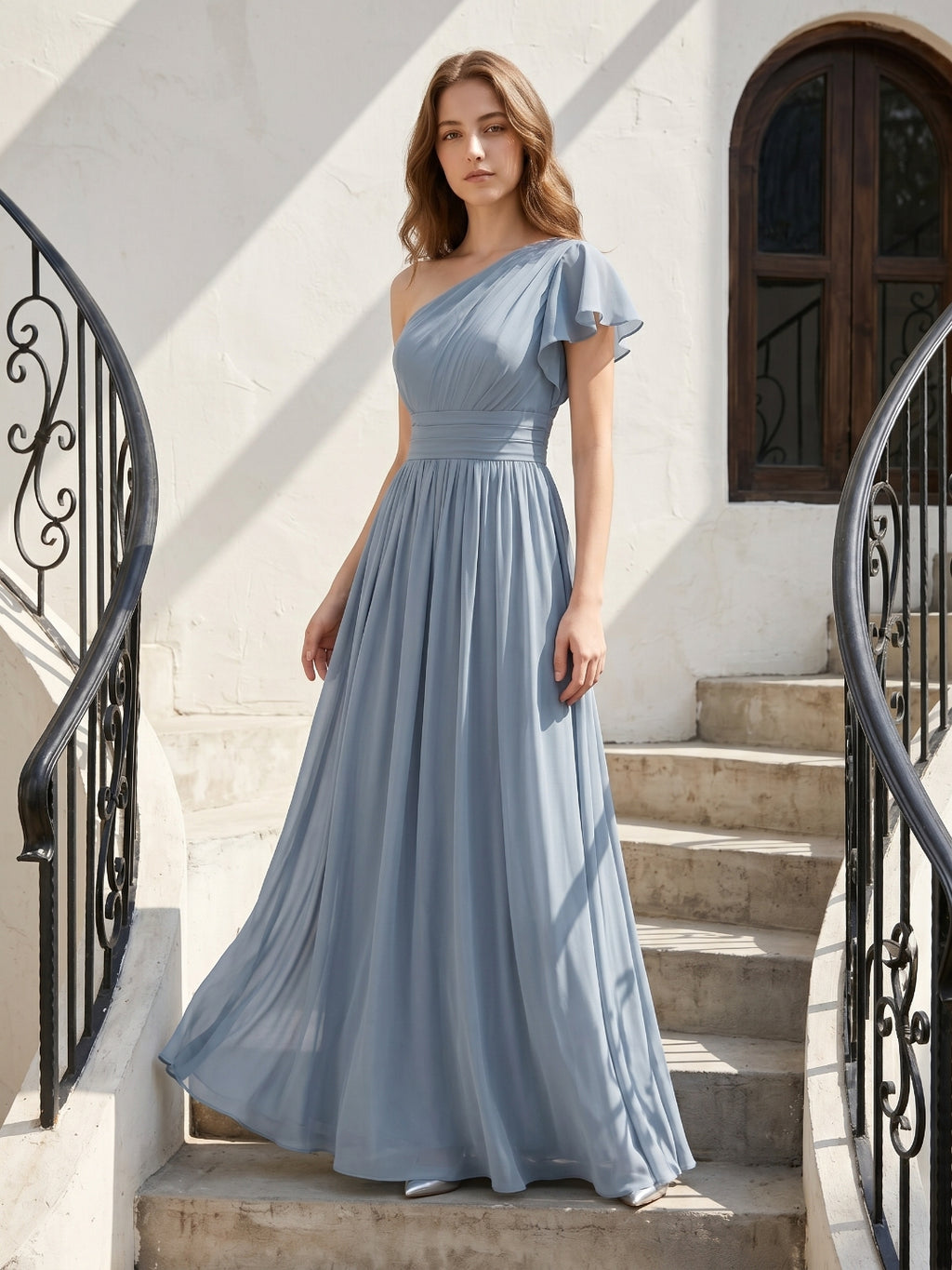 Dusty Blue Chiffon Empire One Shoulder Back Zip Floor-Length Bridesmaid Dress with Pleats