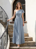 Dusty Blue Chiffon Empire One Shoulder Back Zip Floor-Length Bridesmaid Dress with Pleats