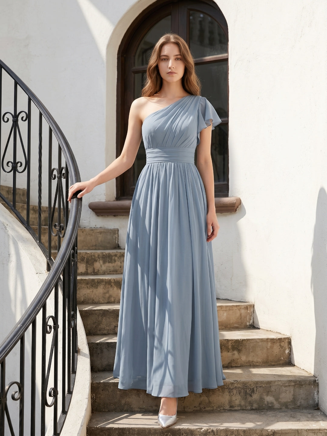 Dusty Blue Chiffon Empire One Shoulder Back Zip Floor-Length Bridesmaid Dress with Pleats