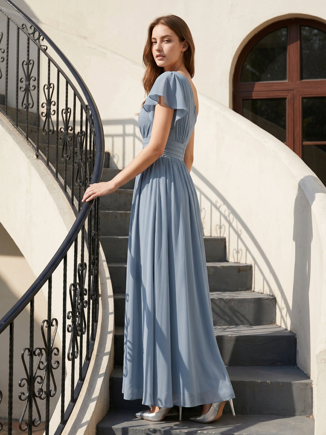 Dusty Blue Chiffon Empire One Shoulder Back Zip Floor-Length Bridesmaid Dress with Pleats
