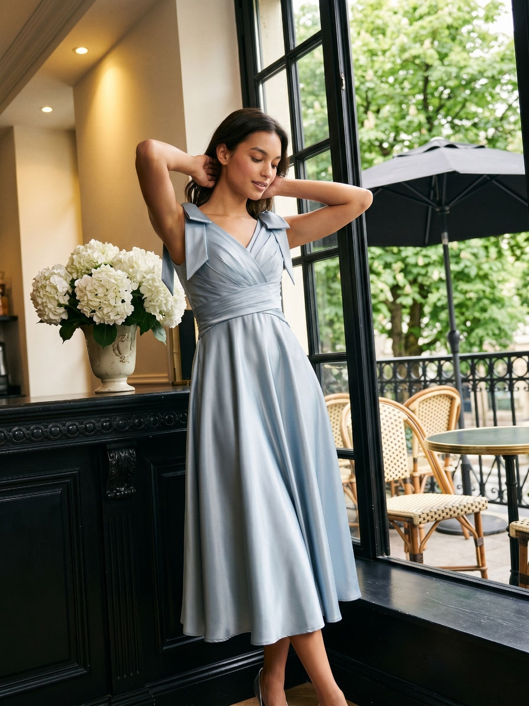 Dusty Blue Satin A-Line V-Neck Tea-Length Wedding Guest Dress with Bow