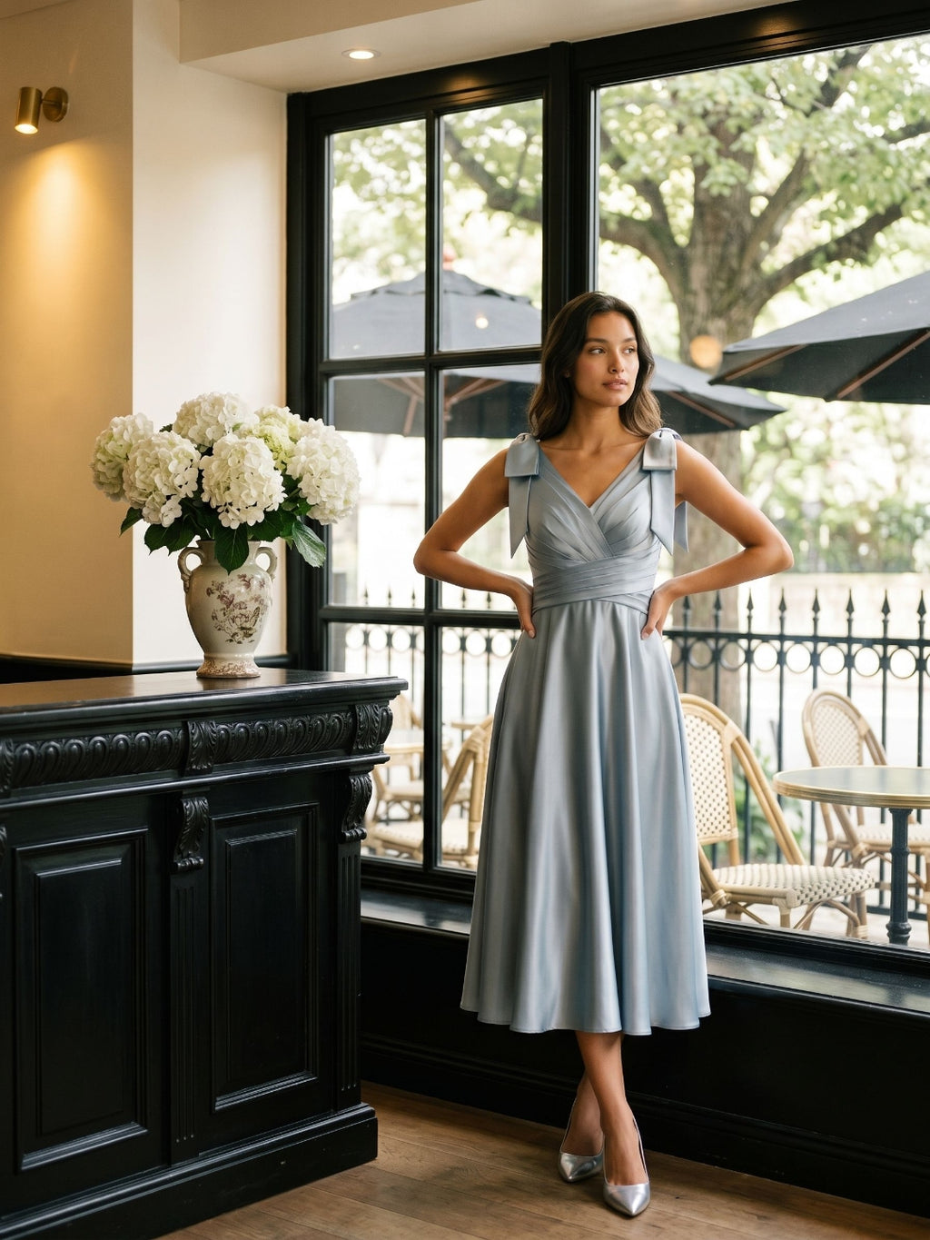 Dusty Blue Satin A-Line V-Neck Tea-Length Wedding Guest Dress with Bow
