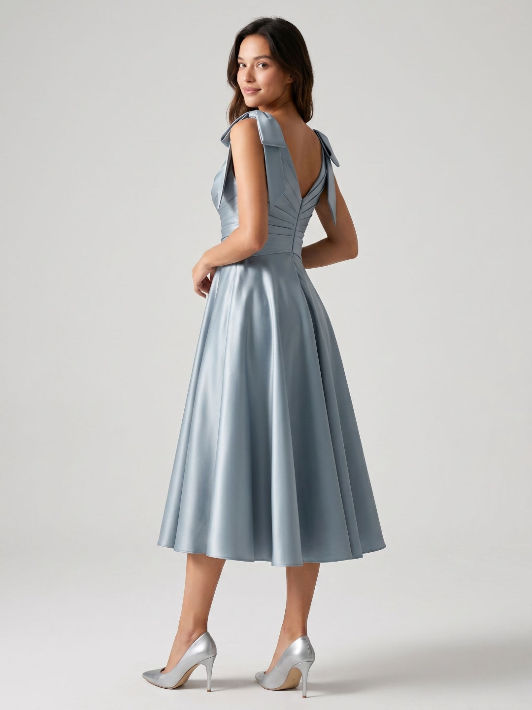 Dusty Blue Satin A-Line V-Neck Tea-Length Wedding Guest Dress with Bow