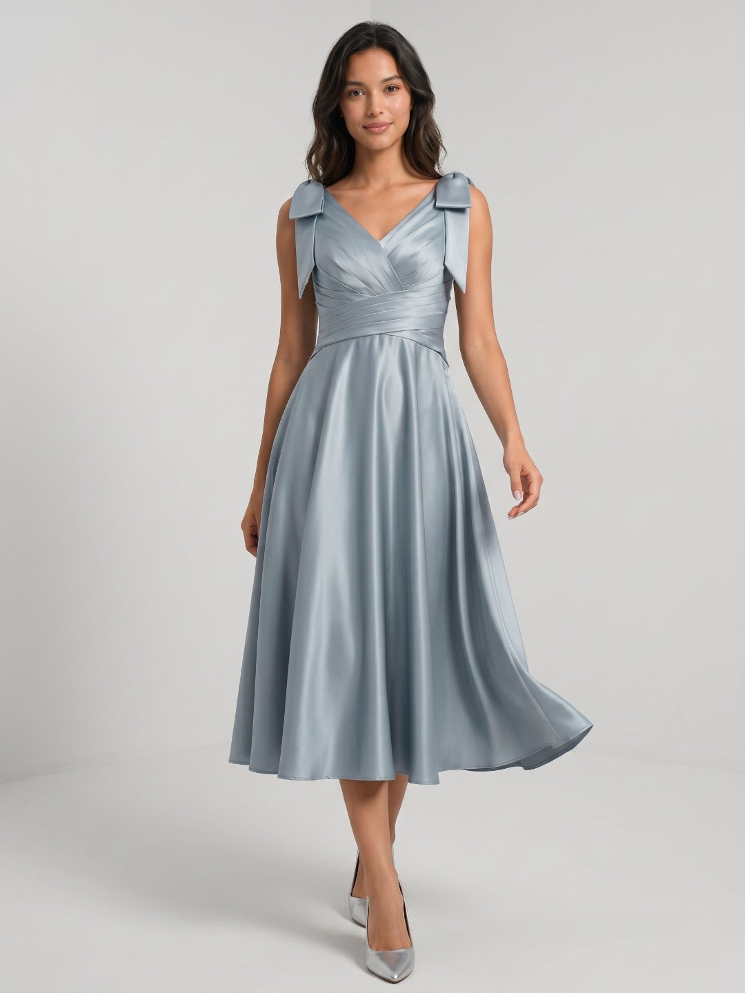 Dusty Blue Satin A-Line V-Neck Tea-Length Wedding Guest Dress with Bow