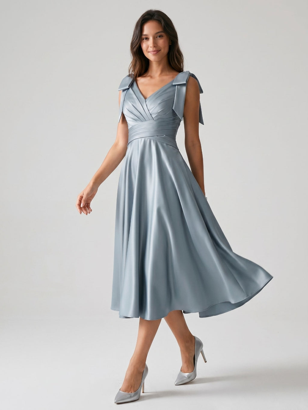 Dusty Blue Satin A-Line V-Neck Tea-Length Wedding Guest Dress with Bow