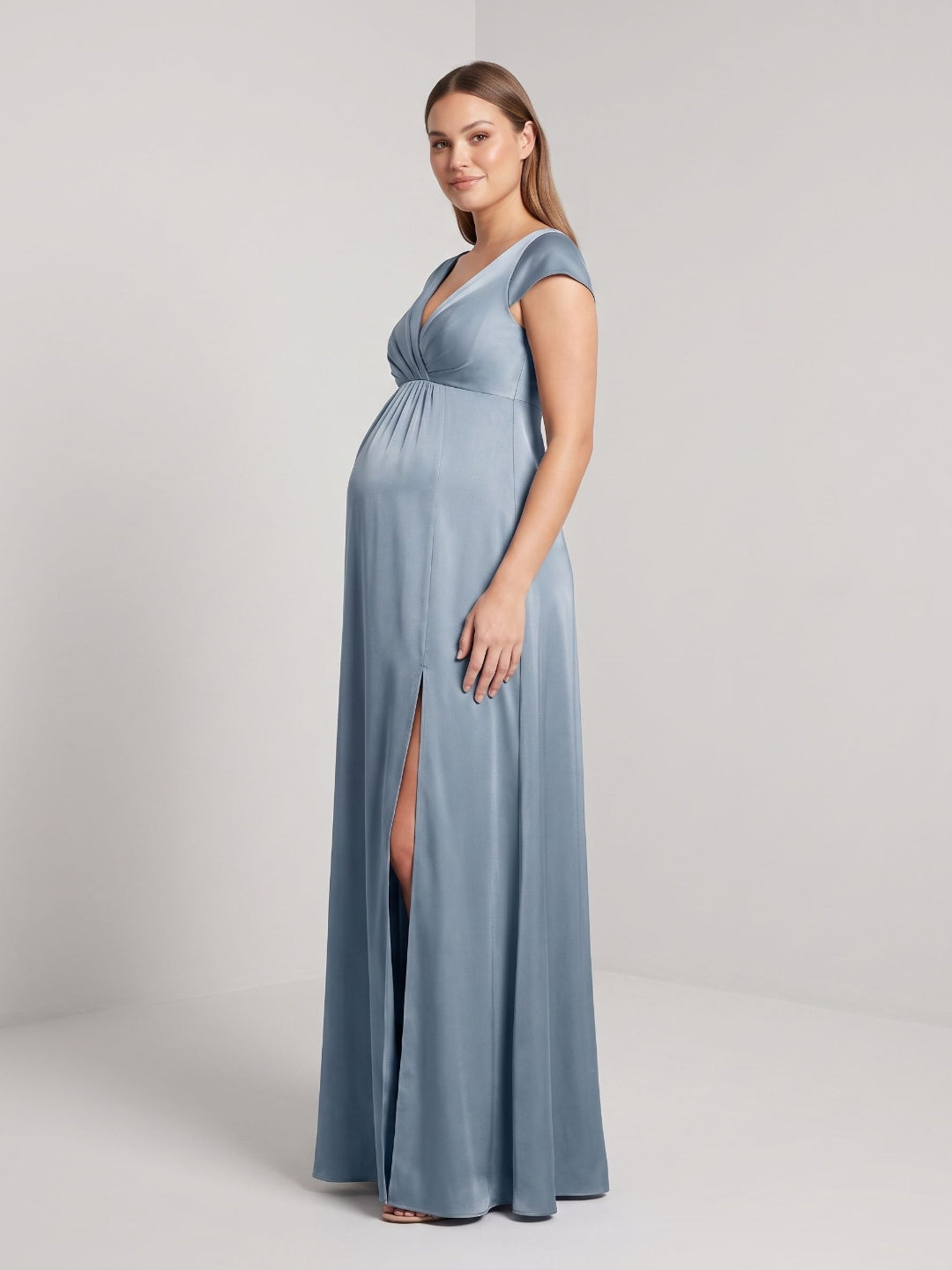 Dusty Blue Satin A-Line V-Neck V-Back Ankle-Length Maternity Bridesmaid Dress