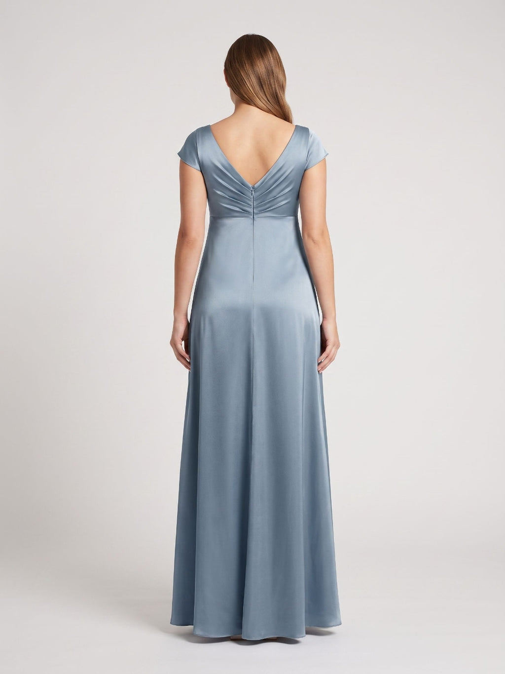 Dusty Blue Satin A-Line V-Neck V-Back Ankle-Length Maternity Bridesmaid Dress