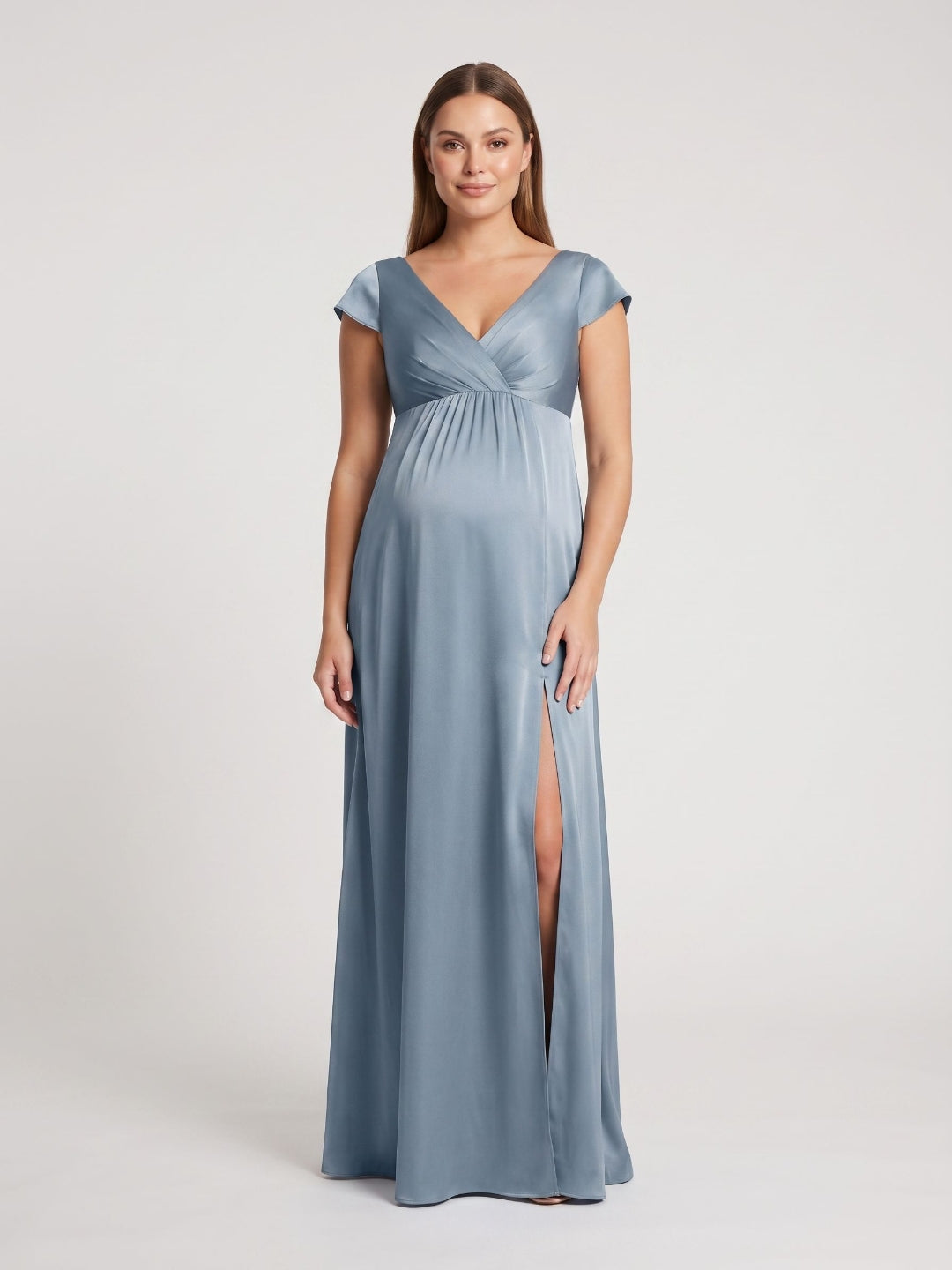 Dusty Blue Satin A-Line V-Neck V-Back Ankle-Length Maternity Bridesmaid Dress