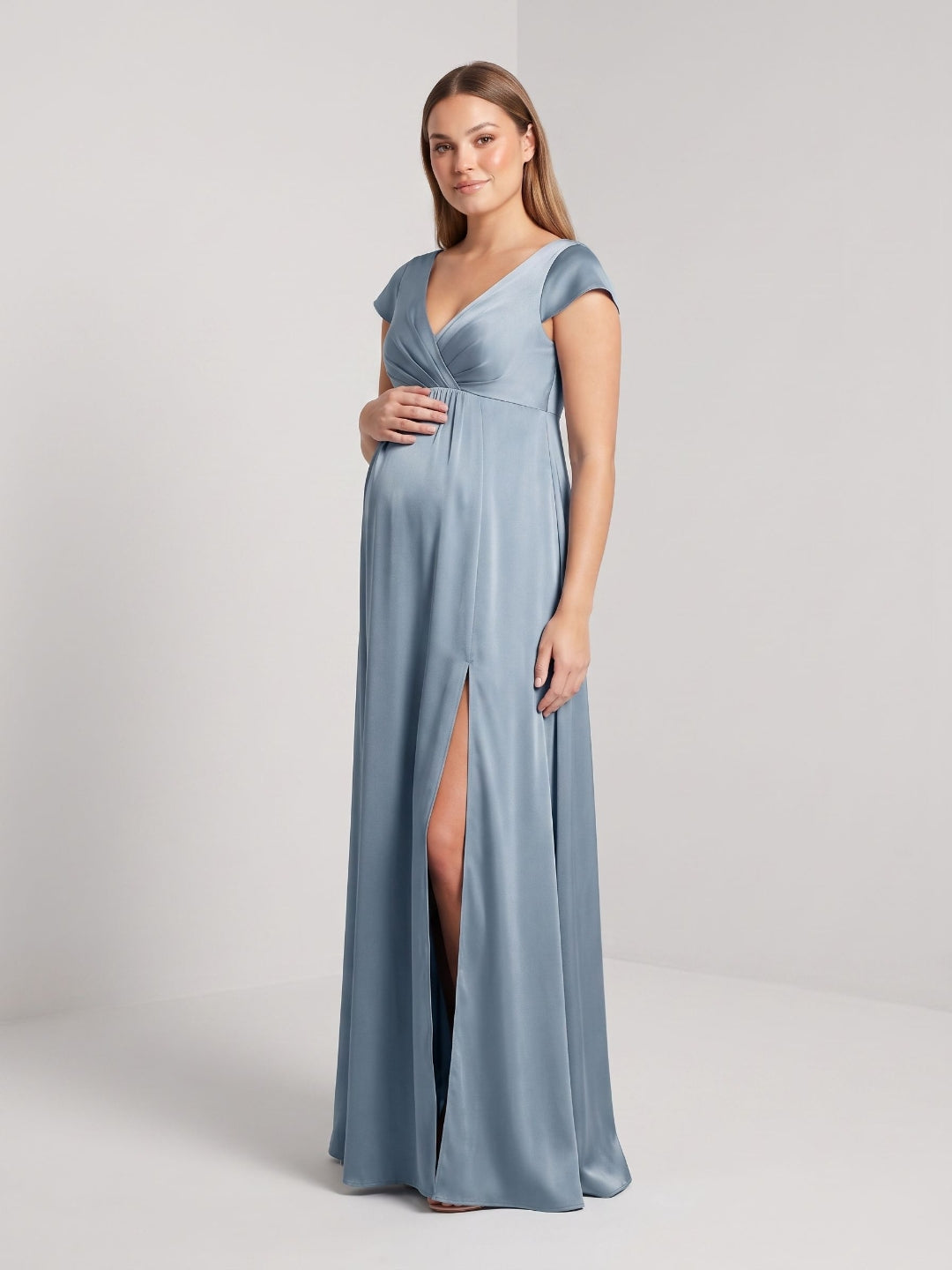 Dusty Blue Satin A-Line V-Neck V-Back Ankle-Length Maternity Bridesmaid Dress