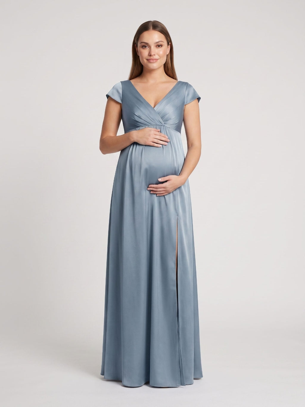 Dusty Blue Satin A-Line V-Neck V-Back Ankle-Length Maternity Bridesmaid Dress