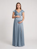 Dusty Blue Satin A-Line V-Neck V-Back Ankle-Length Maternity Bridesmaid Dress