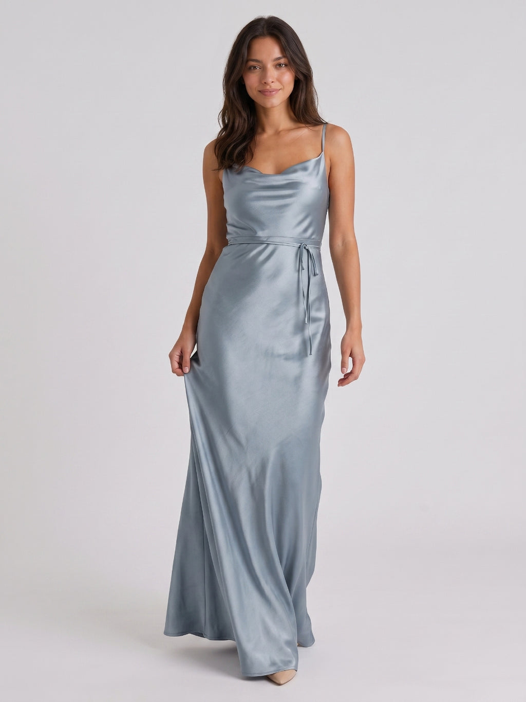 Dusty Blue Satin Sheath Straight Neck Side Zip Floor-Length Bridesmaid Dress