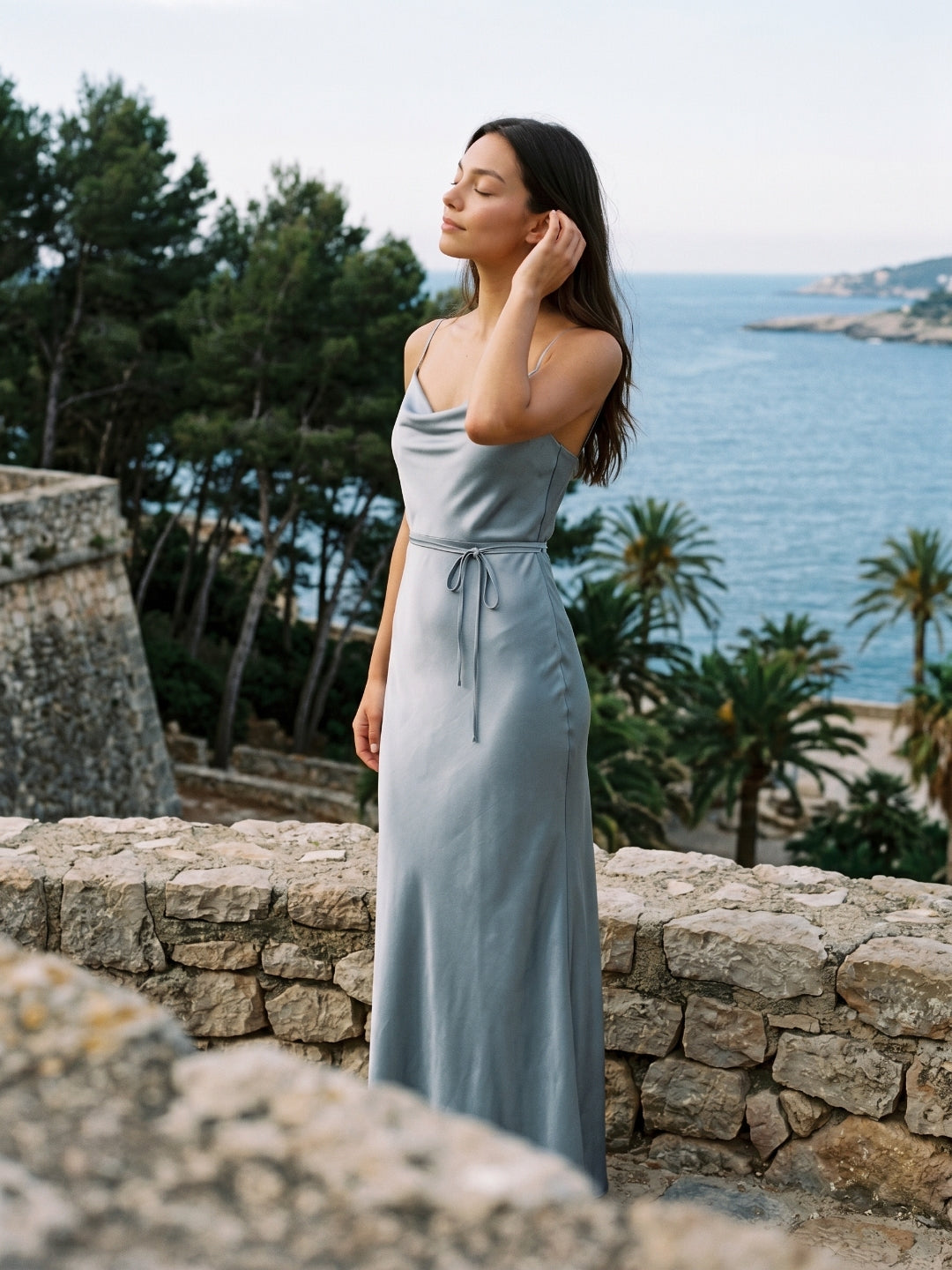 Dusty Blue Satin Sheath Straight Neck Side Zip Floor-Length Bridesmaid Dress