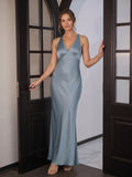 Elegant Dusty Blue Satin Sheath V-Neck V-Back Ankle-Length Bridesmaid Dress