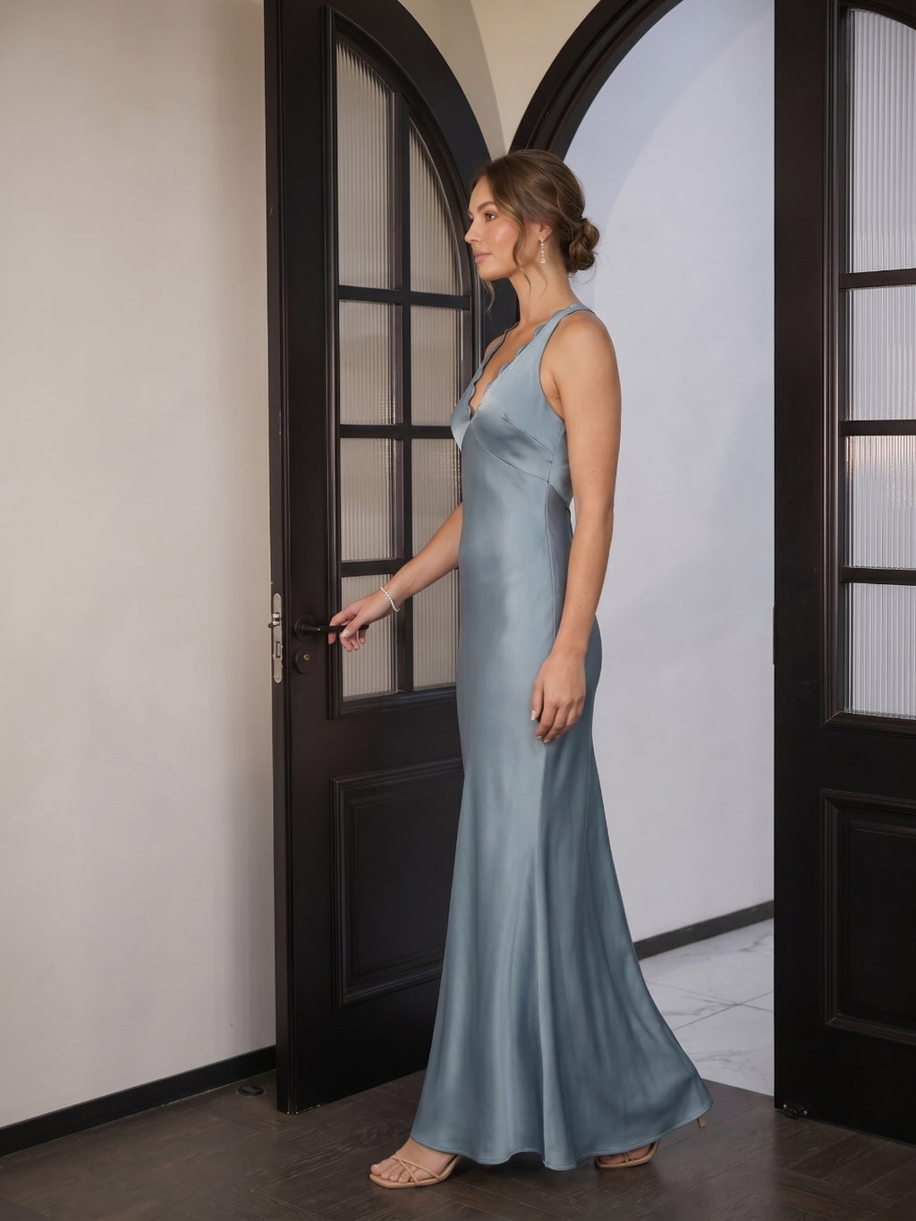 Elegant Dusty Blue Satin Sheath V-Neck V-Back Ankle-Length Bridesmaid Dress