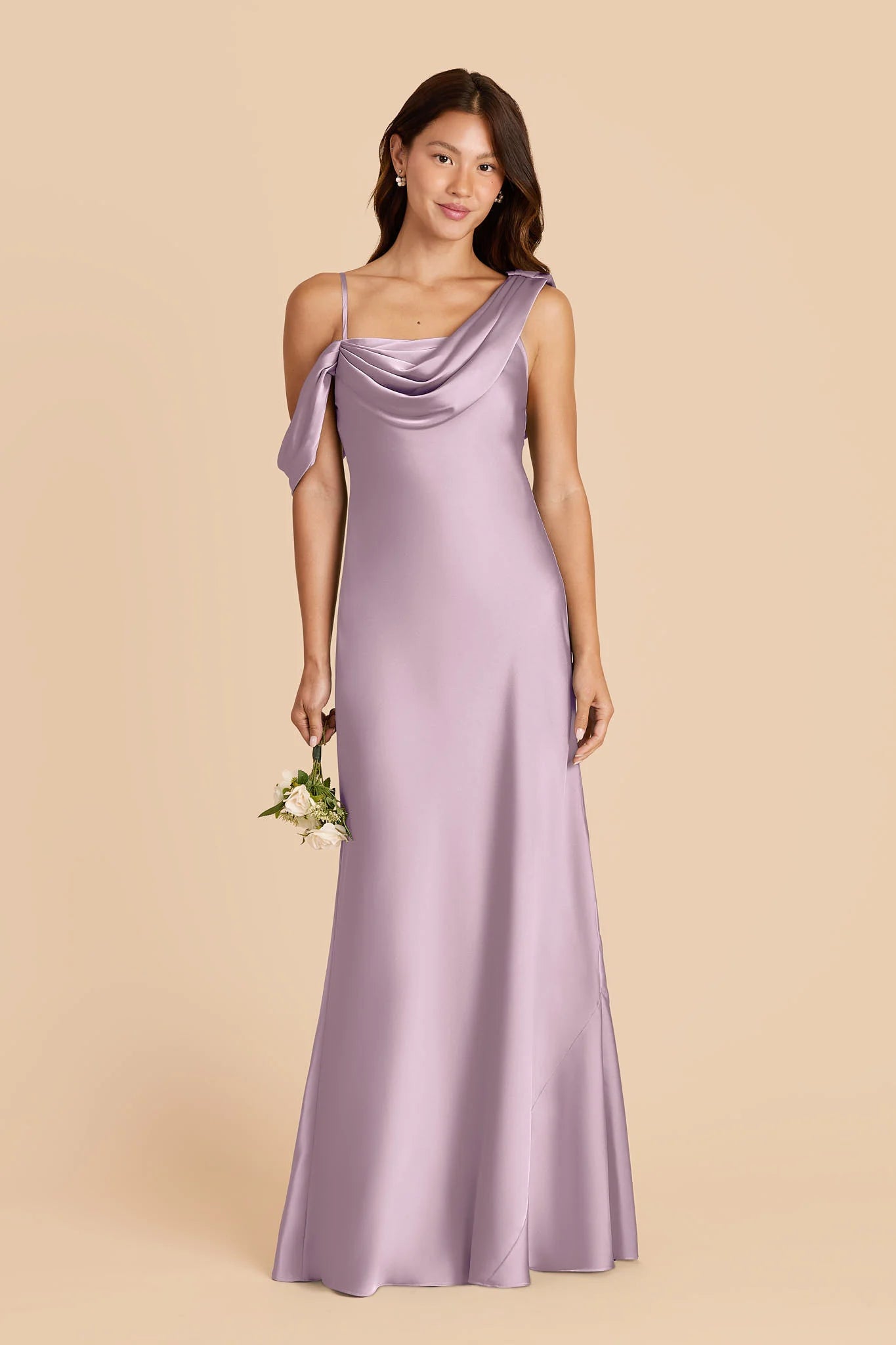 Dusty Lavender Satin Asymmetrical Draped Bridesmaid Dress Cold Shoulder Spaghetti Strap Maxi Wedding Gown