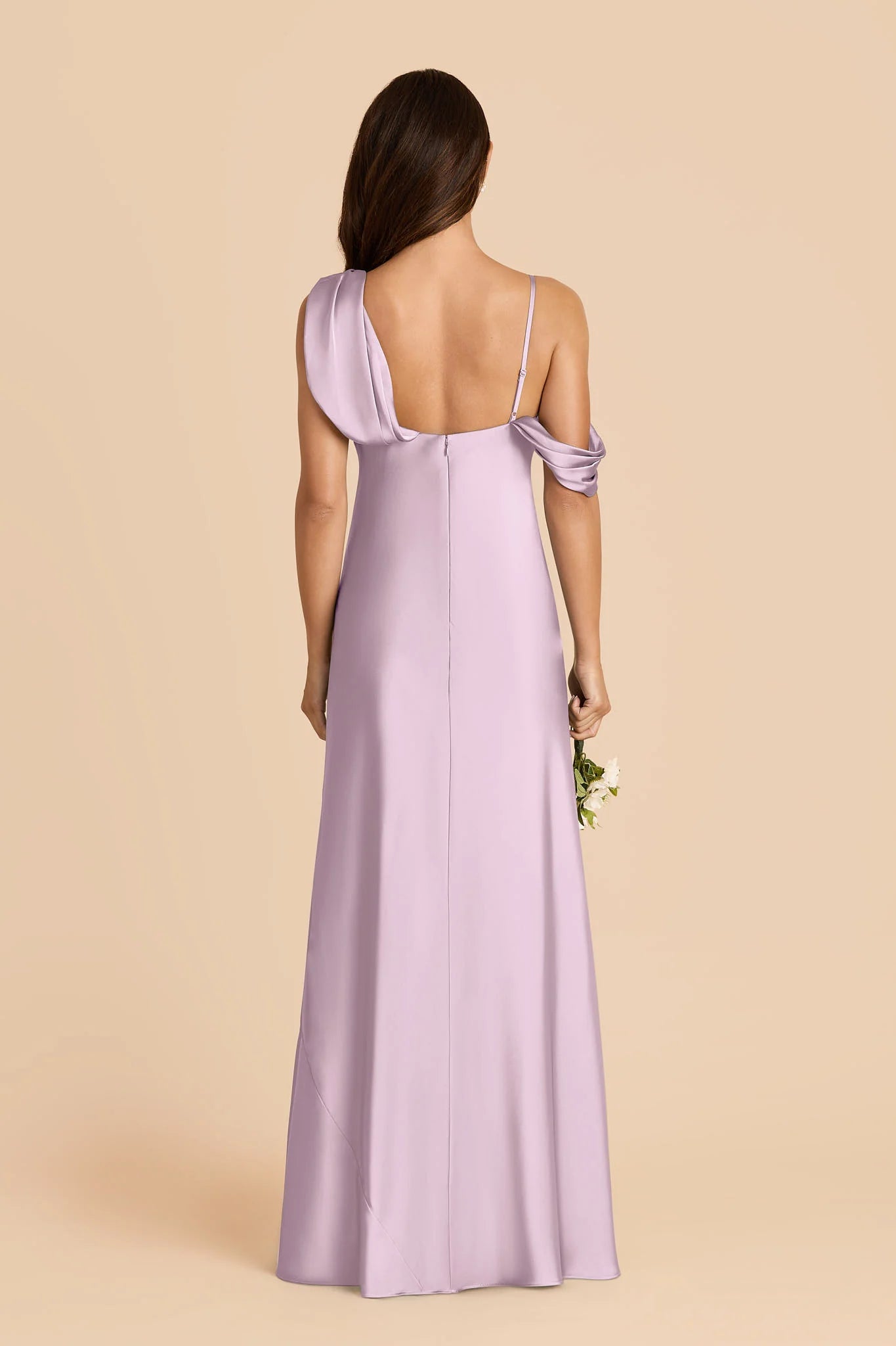 Dusty Lavender Satin Asymmetrical Draped Bridesmaid Dress Cold Shoulder Spaghetti Strap Maxi Wedding Gown