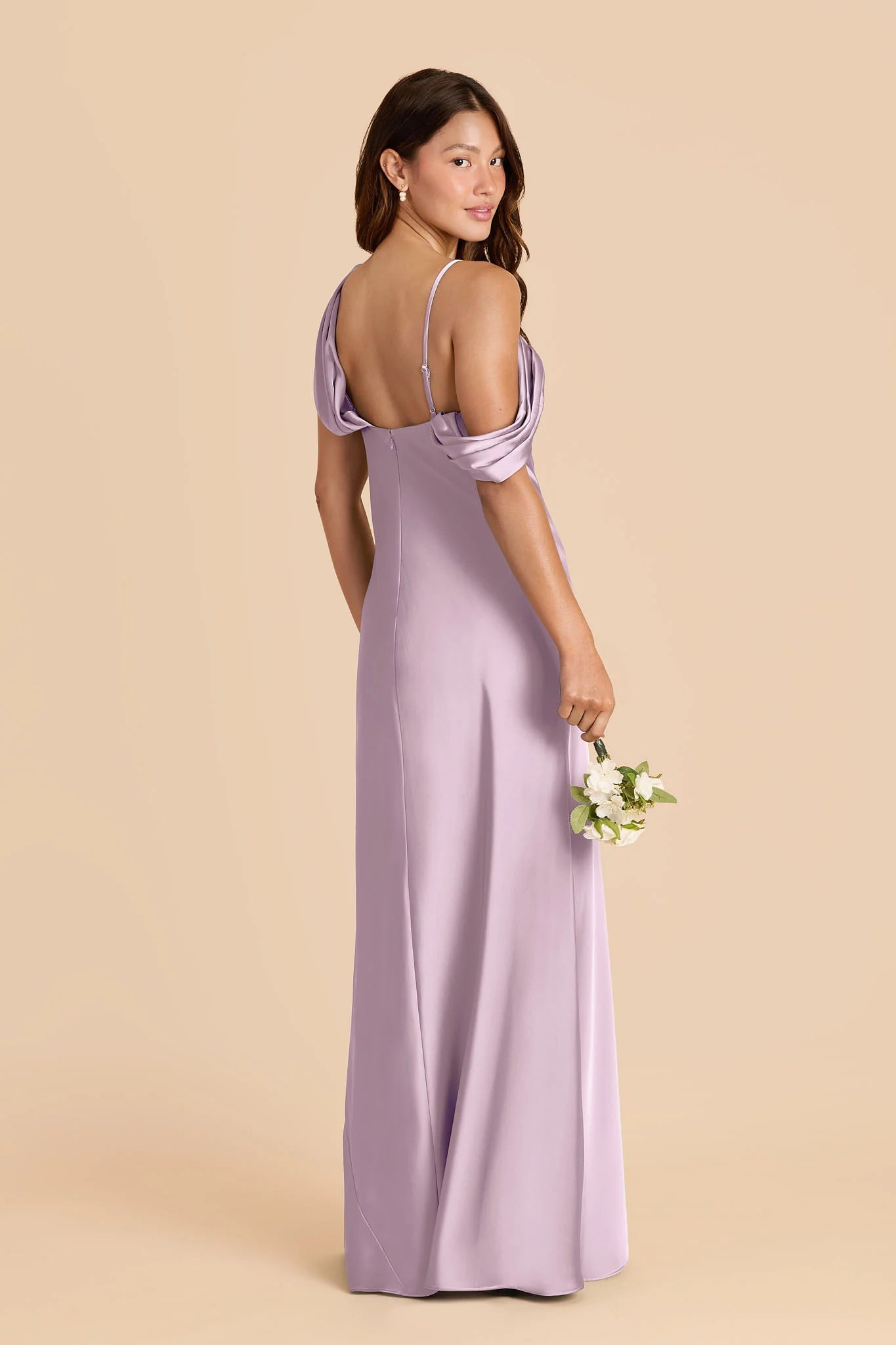 Dusty Lavender Satin Asymmetrical Draped Bridesmaid Dress Cold Shoulder Spaghetti Strap Maxi Wedding Gown