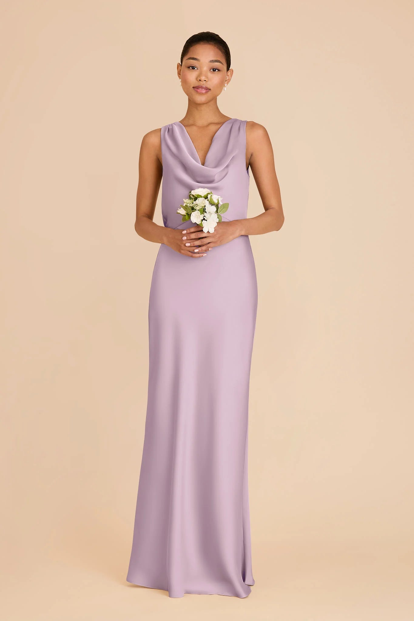 Dusty Lavender Satin Cowl Neck Bridesmaid Dress Open Back Tie Strap Maxi Wedding Gown