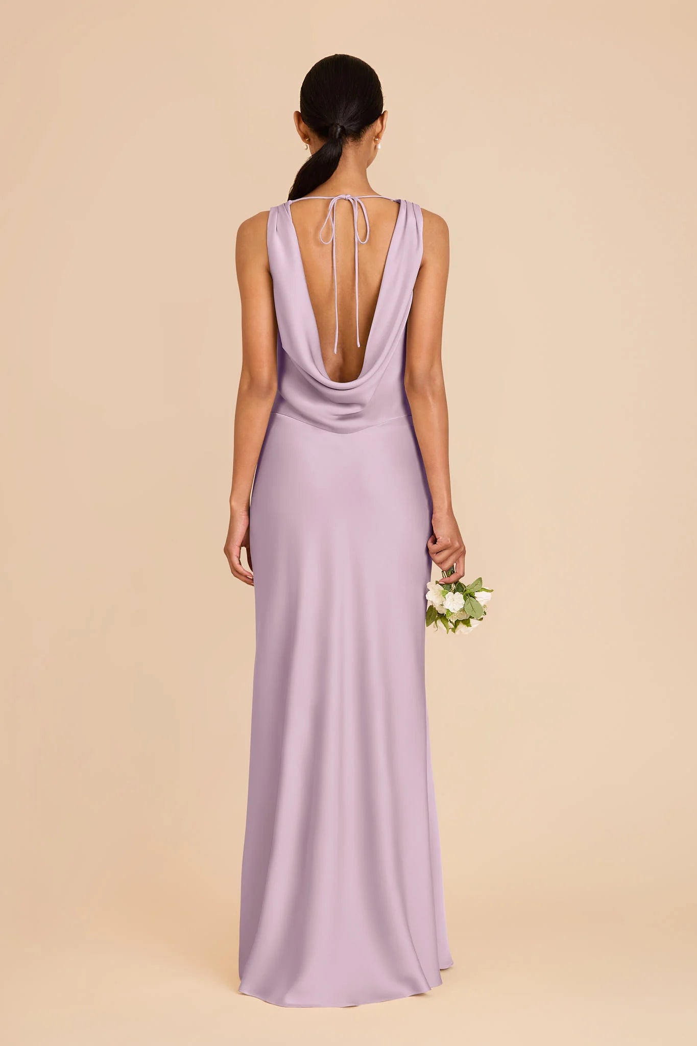 Dusty Lavender Satin Cowl Neck Bridesmaid Dress Open Back Tie Strap Maxi Wedding Gown