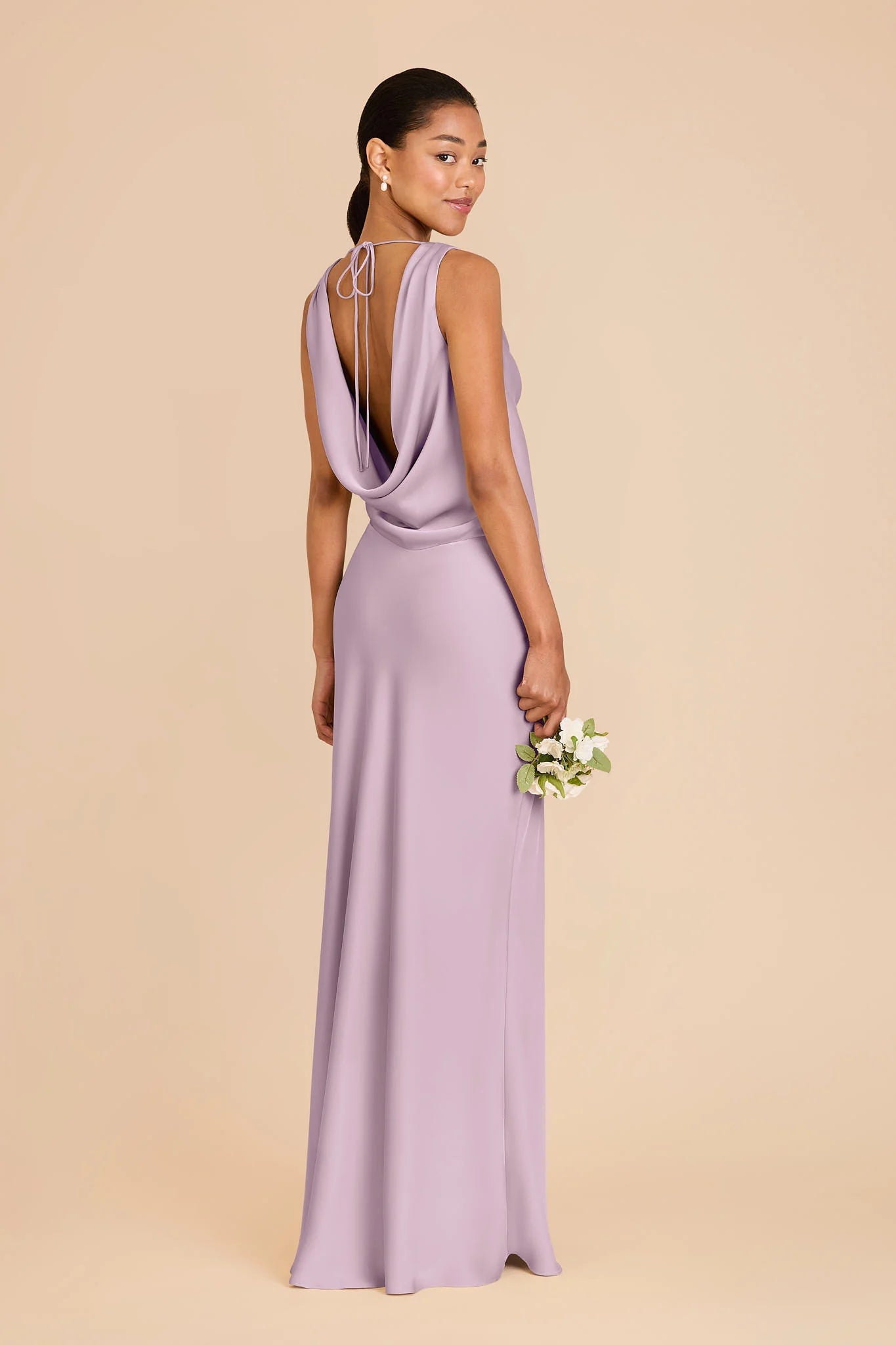 Dusty Lavender Satin Cowl Neck Bridesmaid Dress Open Back Tie Strap Maxi Wedding Gown