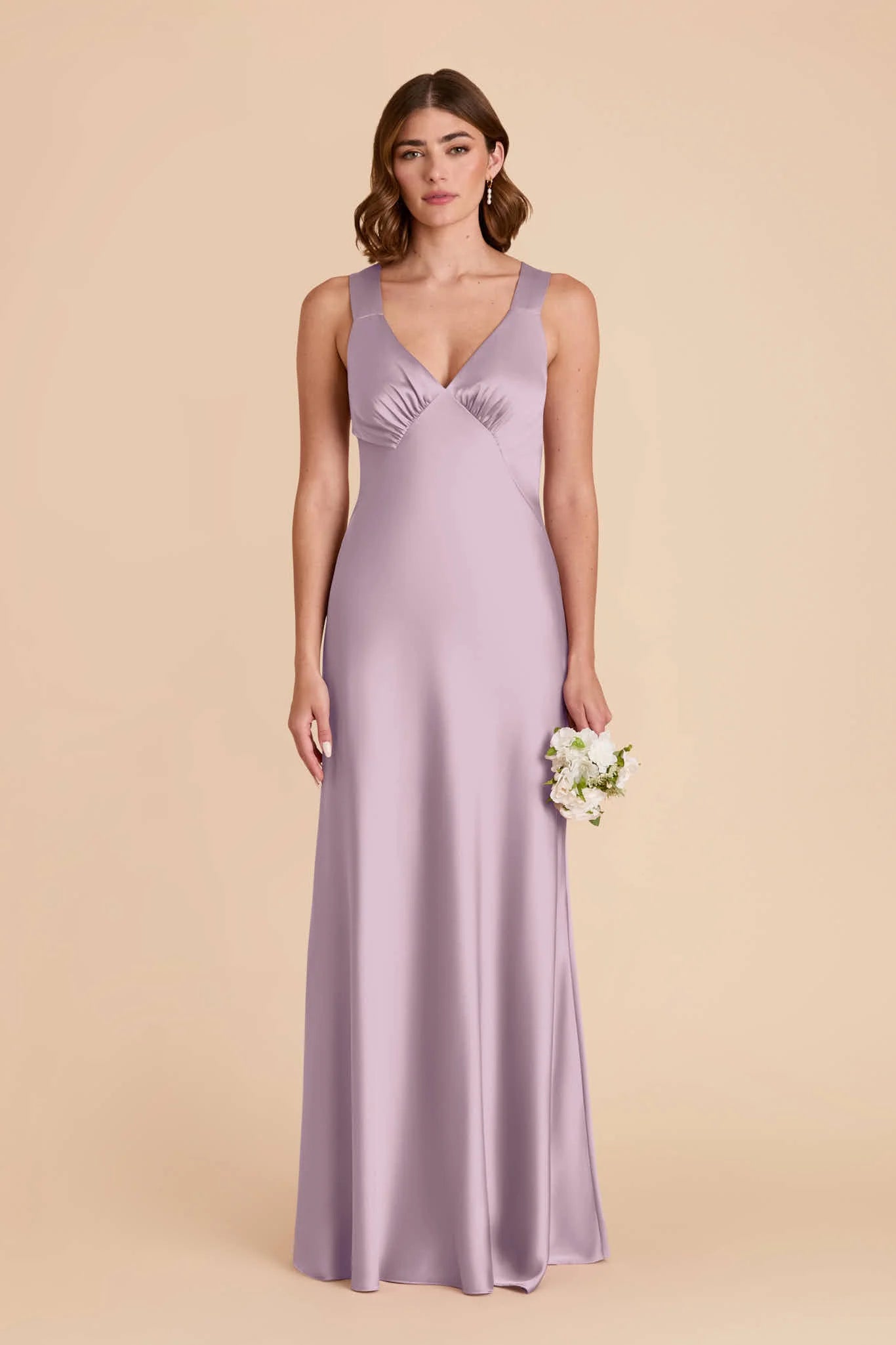 Dusty Lavender Satin Cross Back Bridesmaid Dress Wide Strap V-Neck Ruched Bust Maxi Wedding Gown