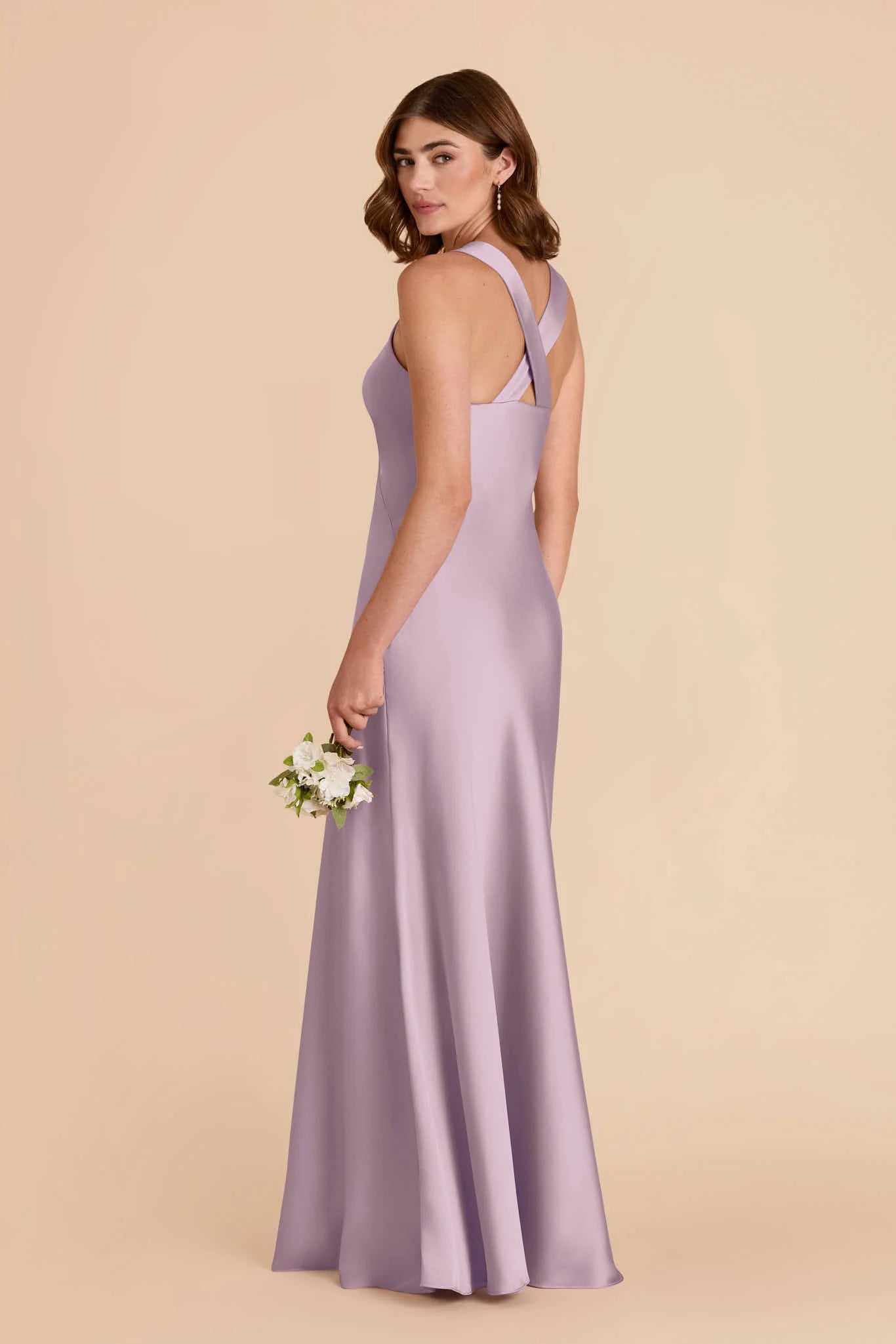 Dusty Lavender Satin Cross Back Bridesmaid Dress Wide Strap V-Neck Ruched Bust Maxi Wedding Gown