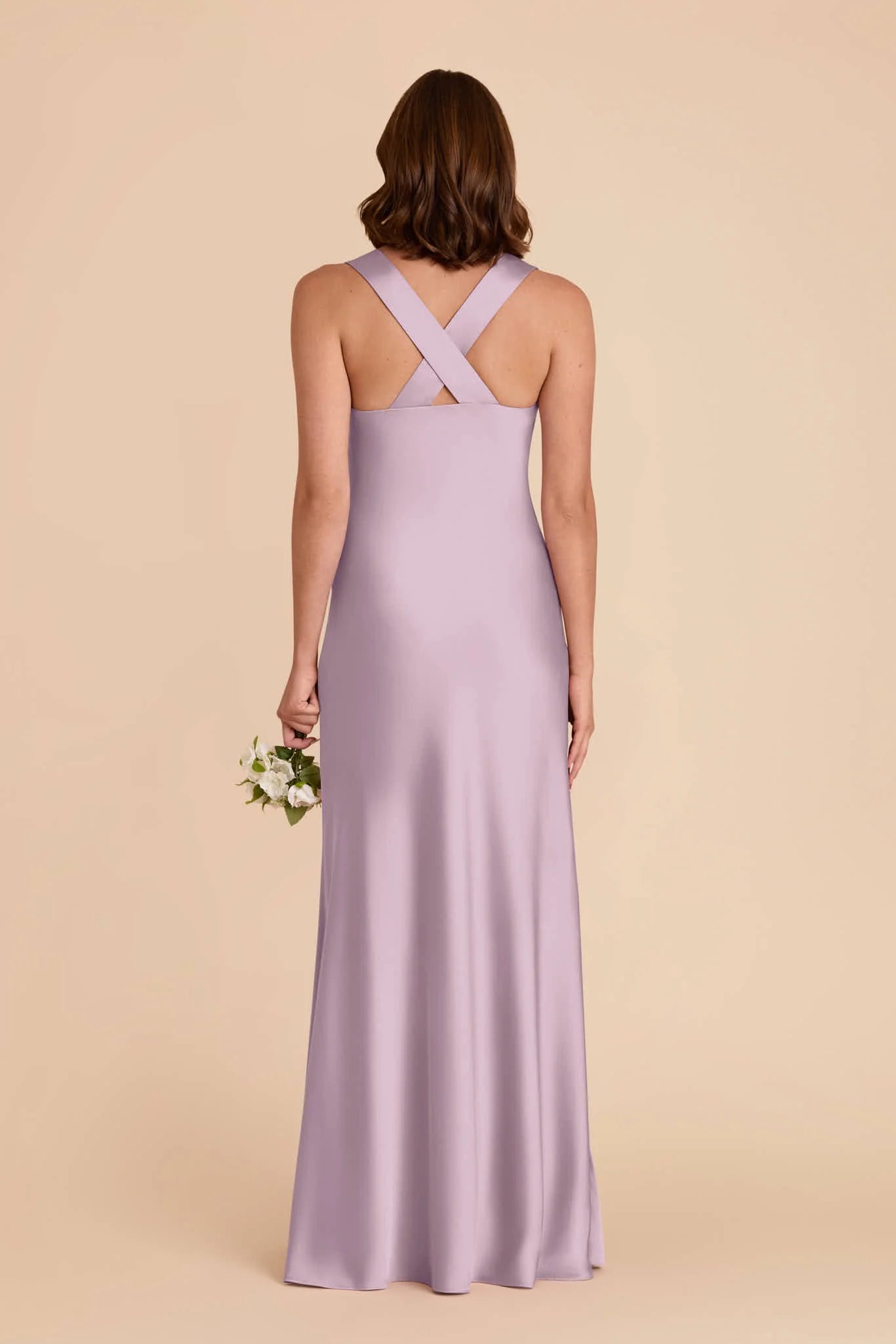 Dusty Lavender Satin Cross Back Bridesmaid Dress Wide Strap V-Neck Ruched Bust Maxi Wedding Gown