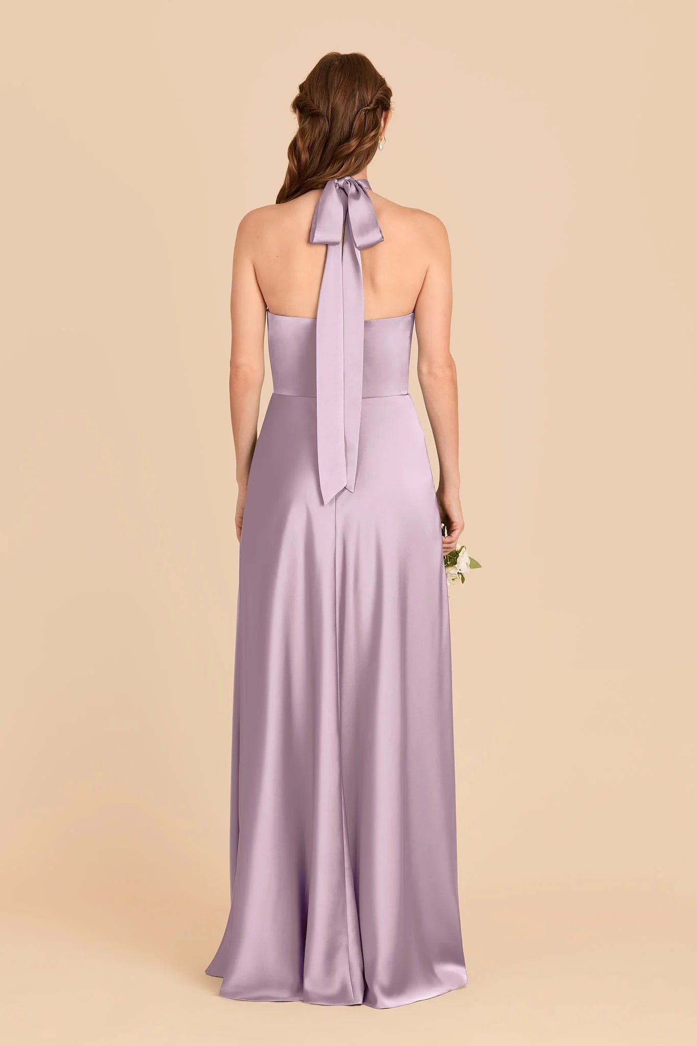 Dusty Lavender Satin Halter Bridesmaid Dress Bow Tie Back Maxi Wedding Gown