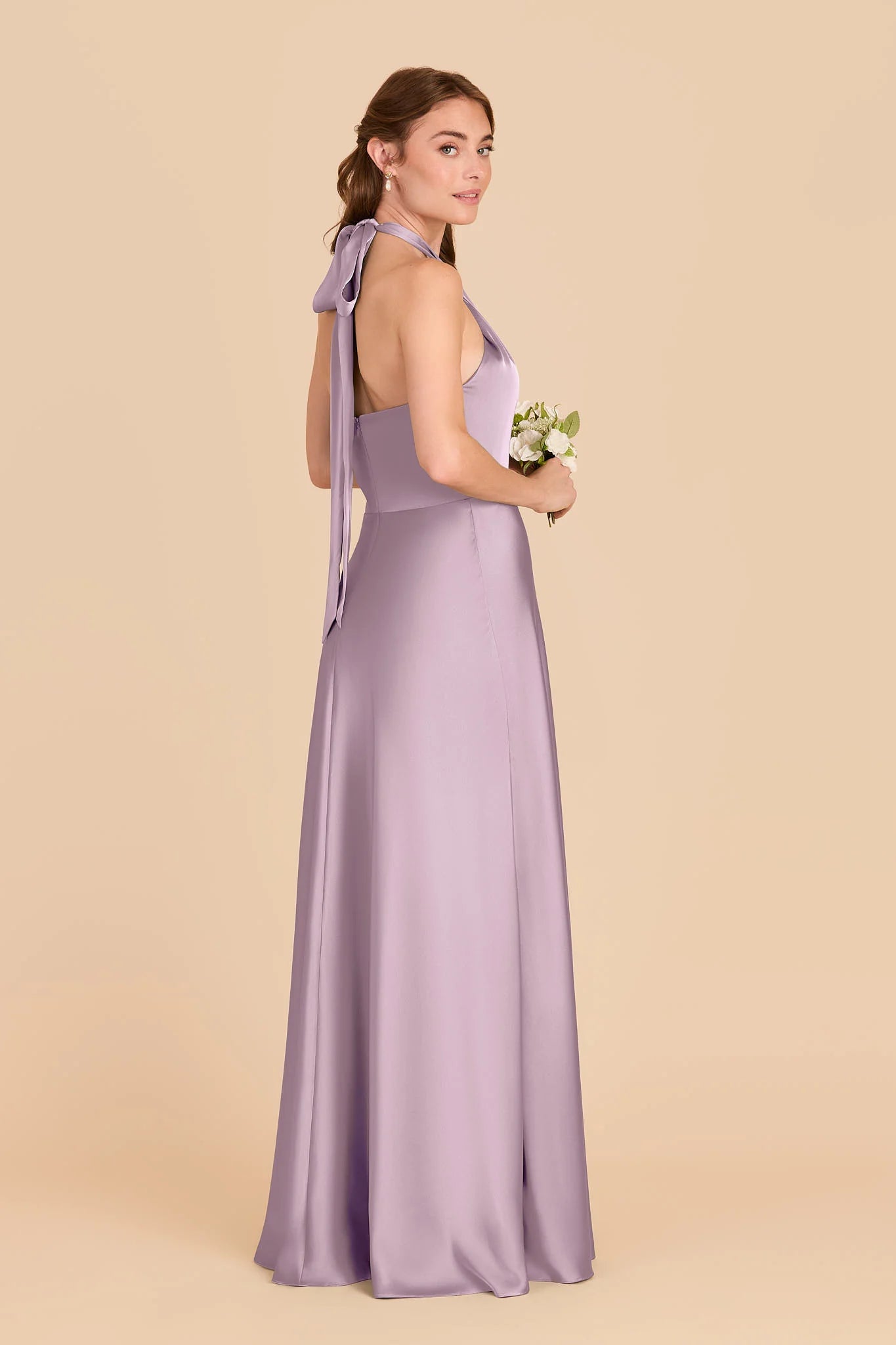 Dusty Lavender Satin Halter Bridesmaid Dress Bow Tie Back Maxi Wedding Gown