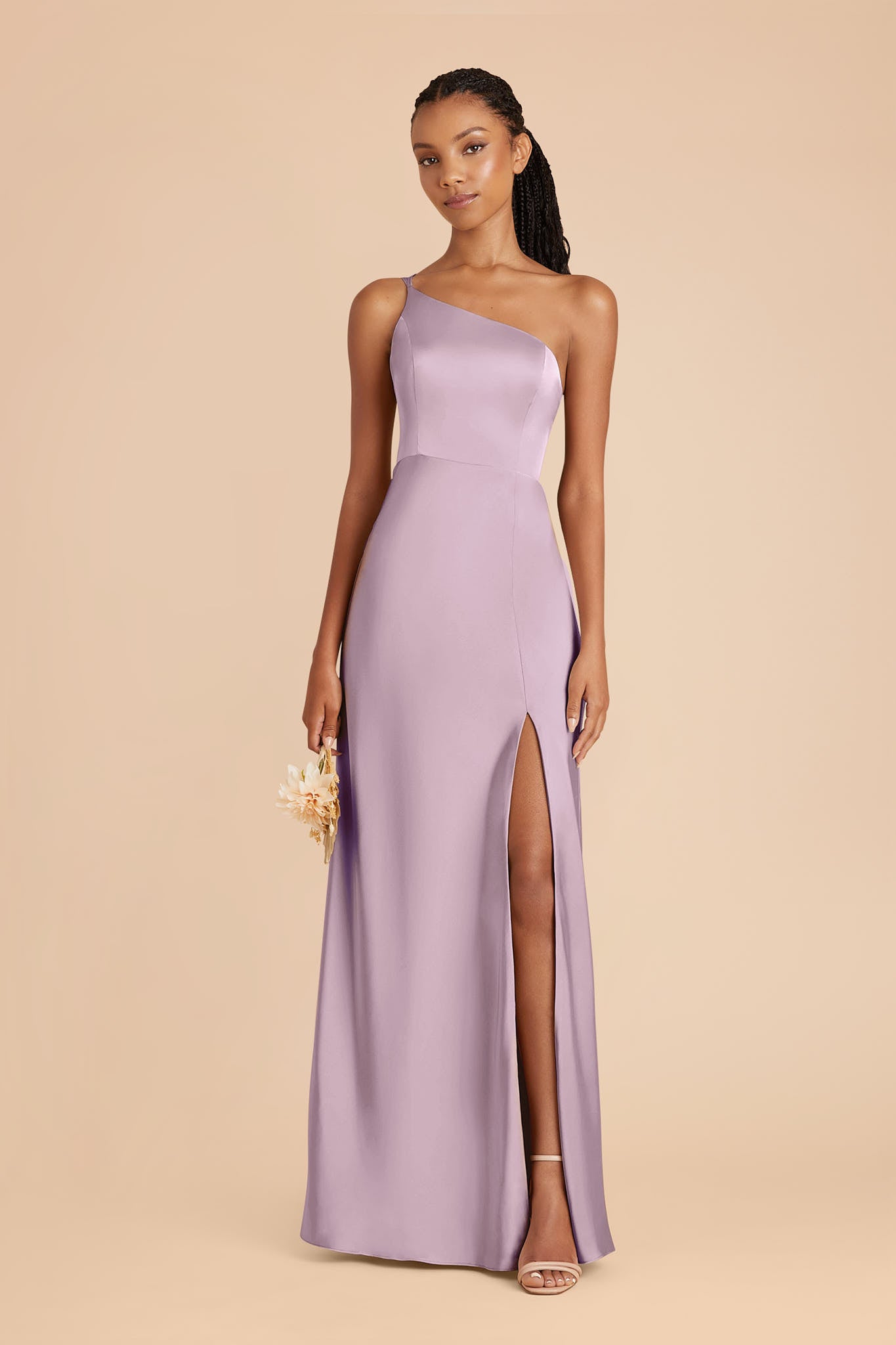 Dusty Lavender Satin One-Shoulder Bridesmaid Dress Adjustable Thin Strap High Slit Sheath Maxi Wedding Gown