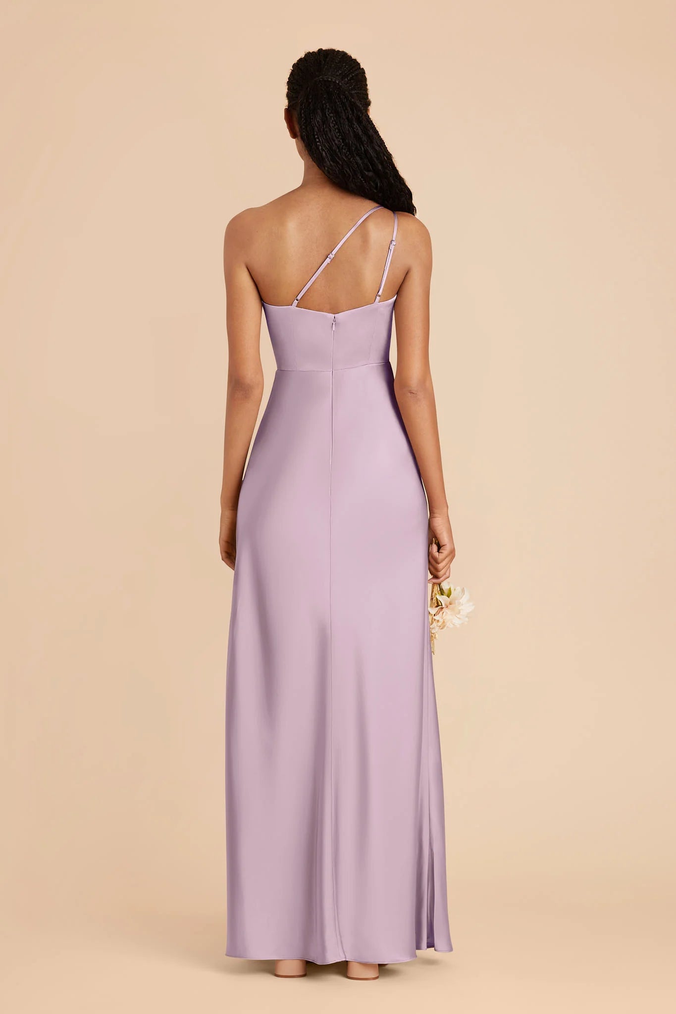 Dusty Lavender Satin One-Shoulder Bridesmaid Dress Adjustable Thin Strap High Slit Sheath Maxi Wedding Gown