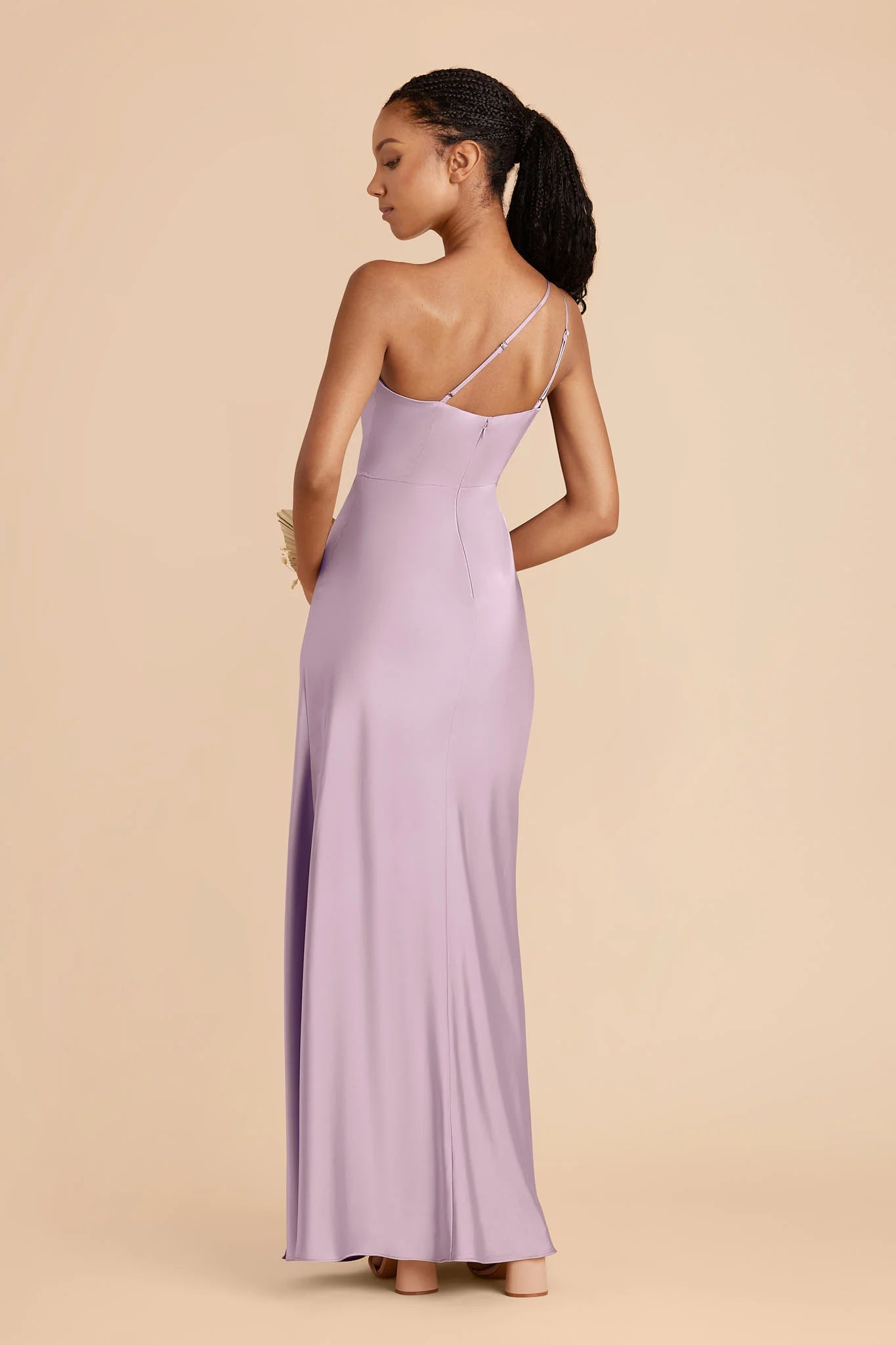 Dusty Lavender Satin One-Shoulder Bridesmaid Dress Adjustable Thin Strap High Slit Sheath Maxi Wedding Gown