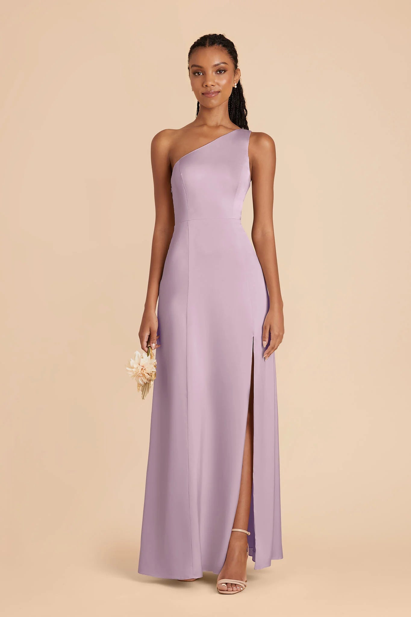 Dusty Lavender Satin One-Shoulder Bridesmaid Dress Wide Strap High Slit Sheath Maxi Wedding Gown