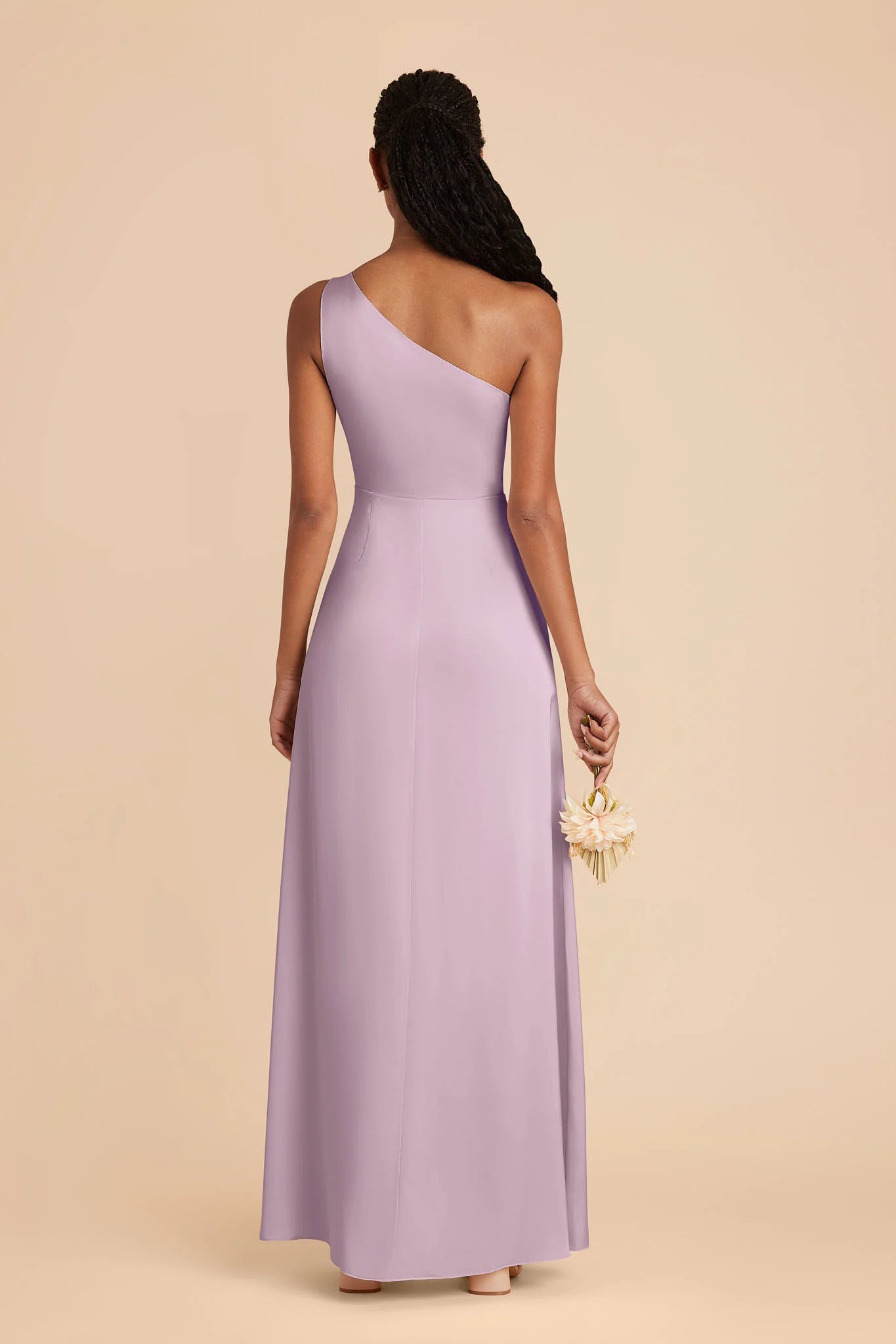 Dusty Lavender Satin One-Shoulder Bridesmaid Dress Wide Strap High Slit Sheath Maxi Wedding Gown