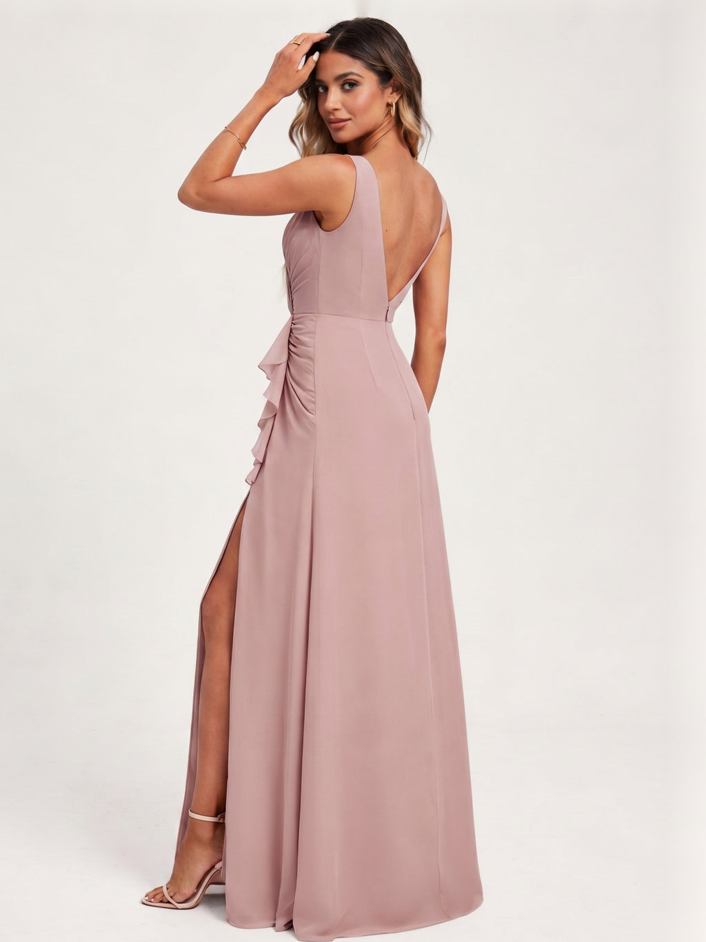 Coquette Dusty Rose Chiffon A-Line V-Neck V-Back with Sash Detail Ankle-Length Bridesmaid Dress