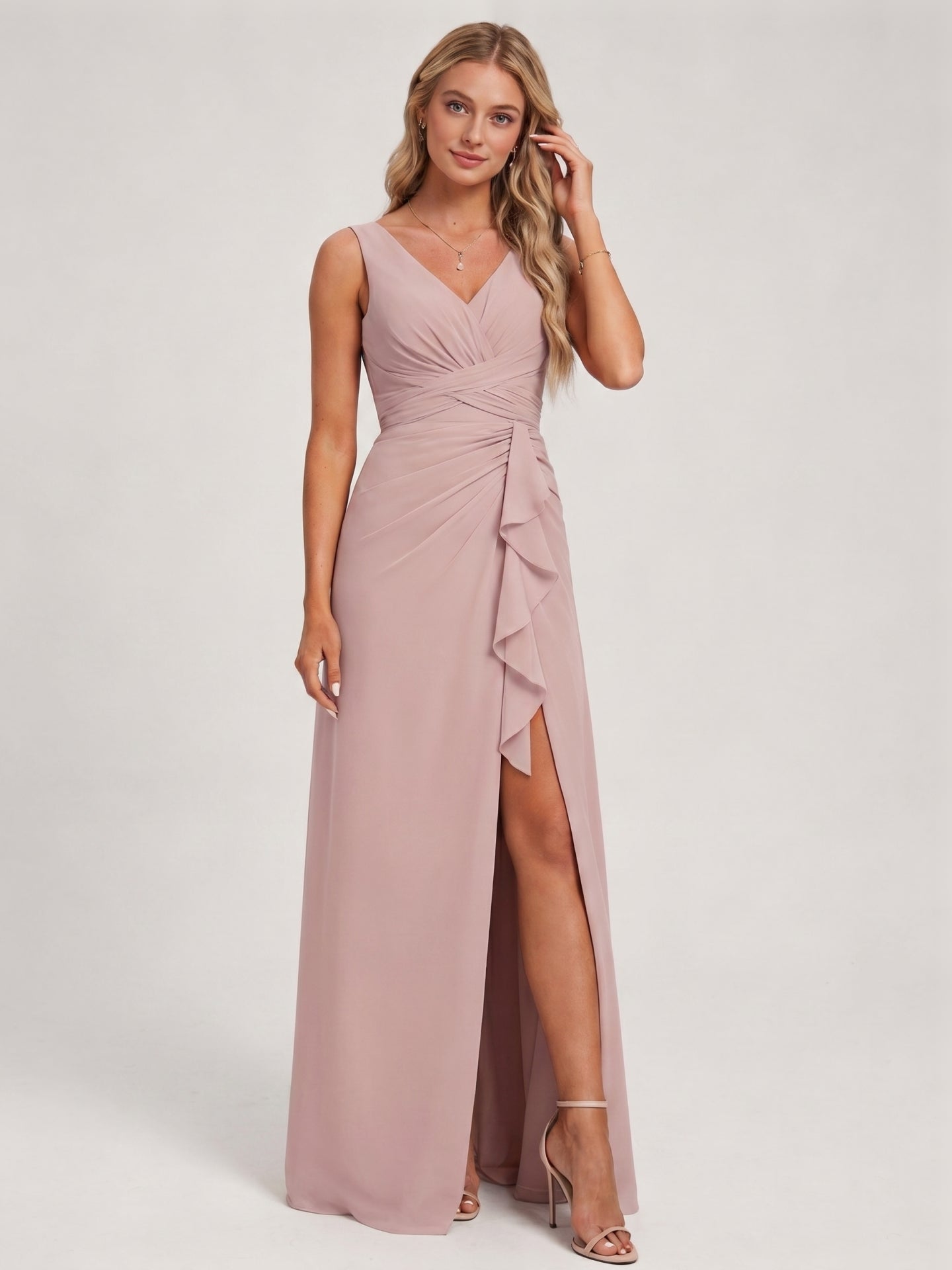 Coquette Dusty Rose Chiffon A-Line V-Neck V-Back with Sash Detail Ankle-Length Bridesmaid Dress