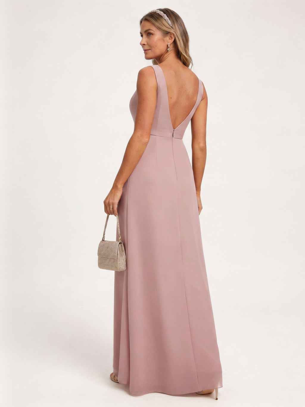 Coquette Dusty Rose Chiffon A-Line V-Neck V-Back with Sash Detail Ankle-Length Bridesmaid Dress