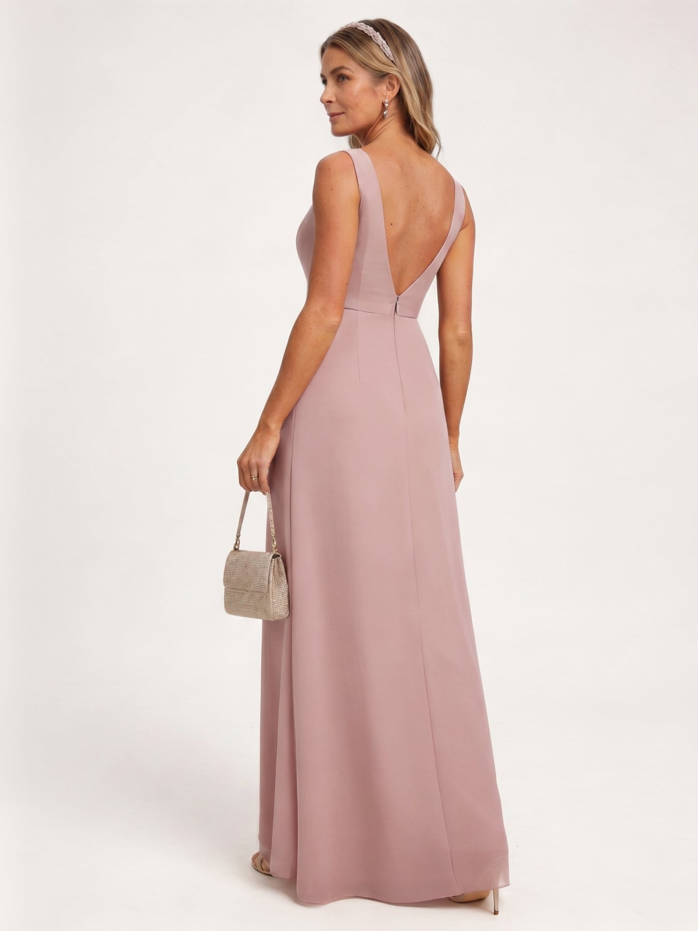 Coquette Dusty Rose Chiffon A-Line V-Neck V-Back with Sash Detail Ankle-Length Bridesmaid Dress