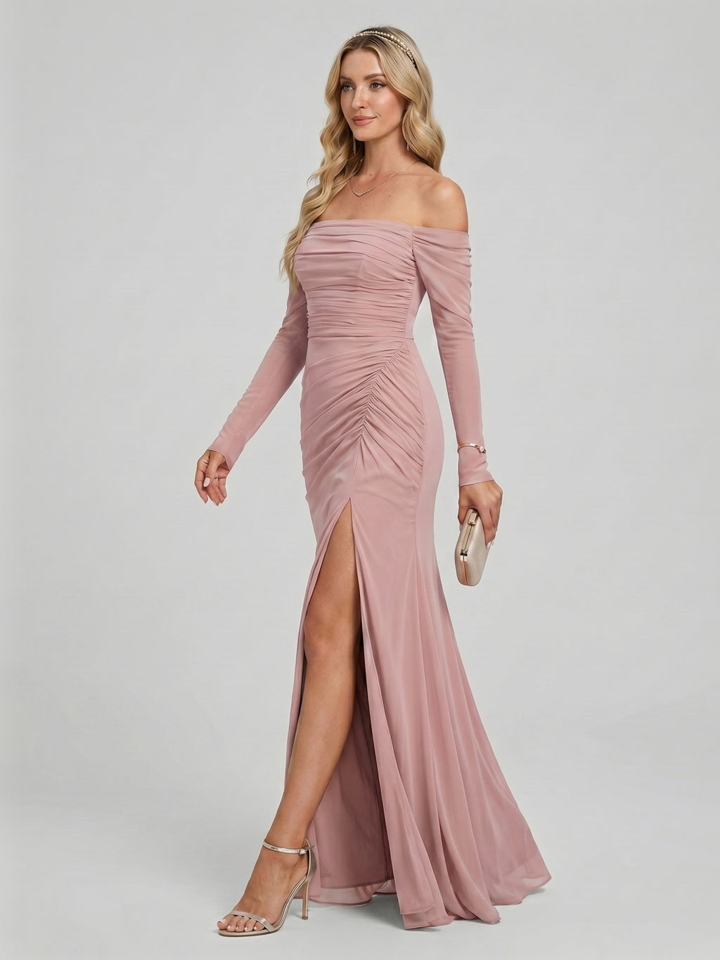 Elegant Dusty Rose Chiffon column Off-the-Shoulder Back Zip Ankle-Length Bridesmaid Dress